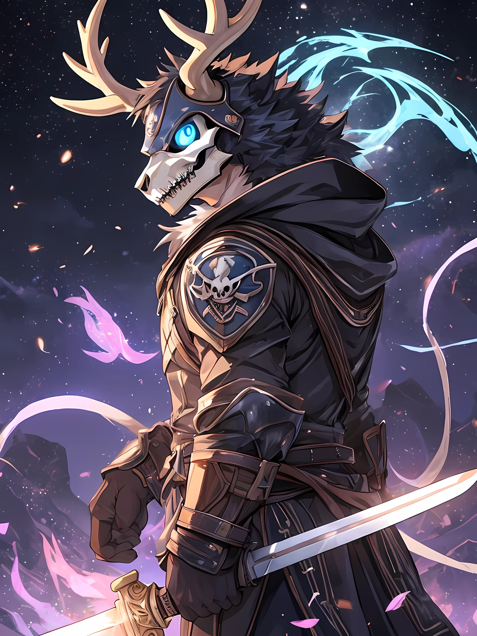 Furry,solo,young deer,neon blue eyes(Realistic eye detail),Bouncing body,skull face,Dressed in a rusted knight's uniform.,perfect anatomy,Holding a sword that was glowing with purple flames,Fireflies light all around,Standing in the middle of the deep year,side view