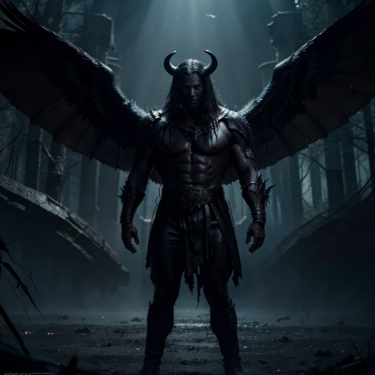 (masterpiece), (best quality), realistic, cinematic light, Chernobog, God of Darkness, Slavic Mythology, stand, battlefield background, dark black goo body, torn wings