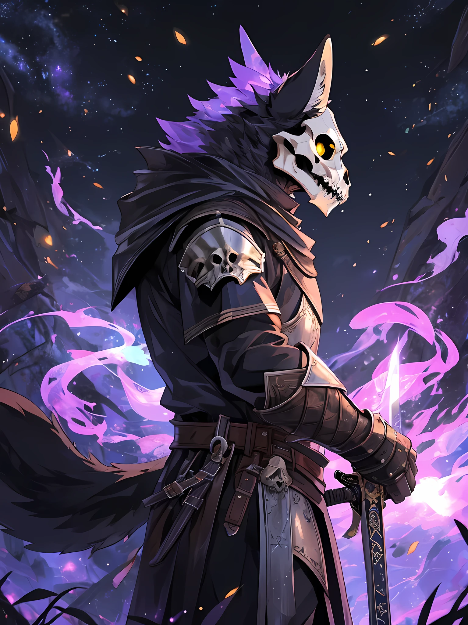Furry,solo,black fur fox,yellow eyes,The iris is skull-shaped.,skull face,Dressed in a rusted knight&#39;s uniform.,Holding a sword that was glowing with purple flames,Fireflies light all around,Standing in the middle of the deep year,side view