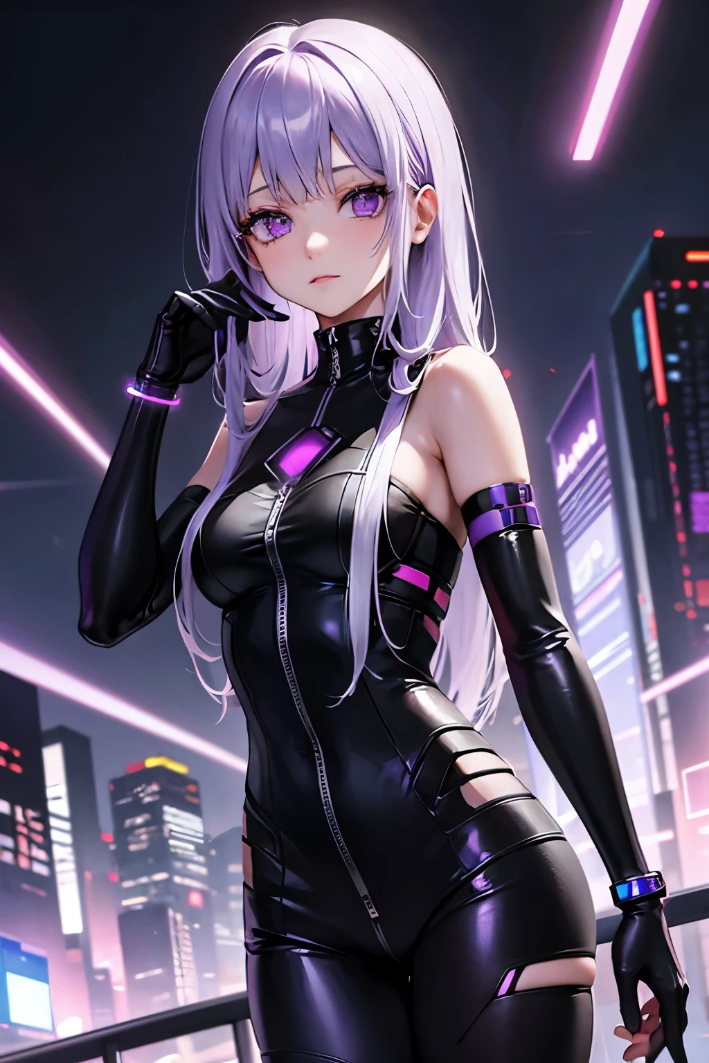 data broker man with violet dreadlocks and soft white eyes in cyberpunk fashion and with a chromed cybernetic arm