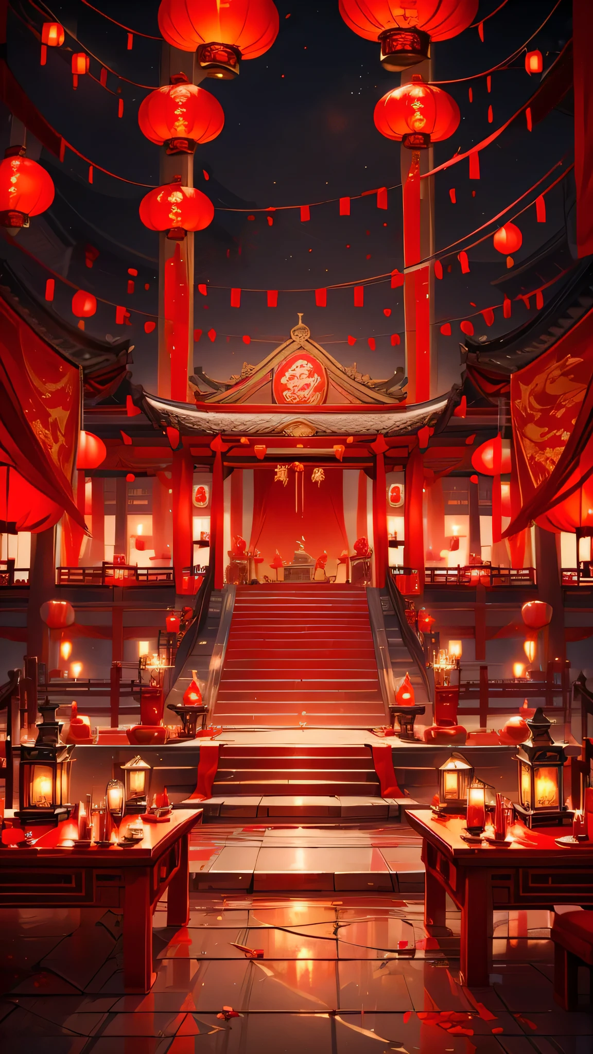 CNY， Red Wedding, table, china city , Thongbu lamp ， Quixel Megascans rendering , high detail , 8k，red lantern speechless，red ribbon hanging， Red，festive，nobody，Red decoration on background，Red，Pixar, charming, Cartoonish，Business posters，There are decorations around，happiness,