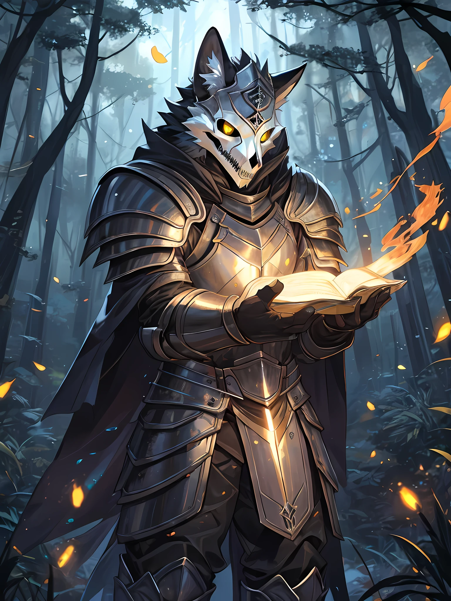 Furry,solo,white fur fox,neon yellow eyes(Realistic eye detail),skull face,wear knight costume(The armor looked old and about to break.),(perfect anatomy),One hand is casting a spell.,Fireflies light all around,Standing in the middle of the deep forest,Look at the audience.