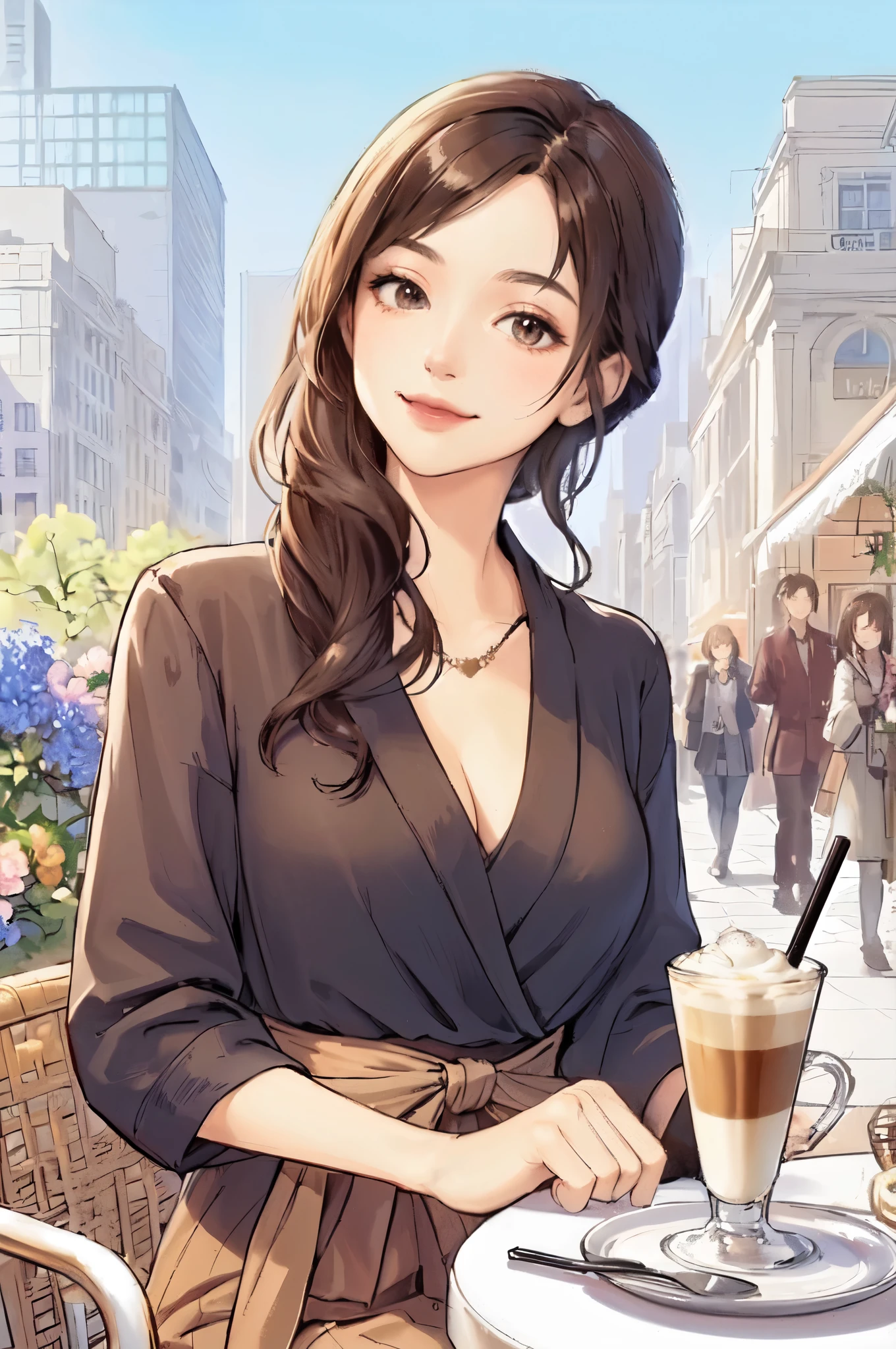 1lady solo, (sitting at terrace seat), (sash blouse) (stylish outfit), mature female, /(dark brown hair/) bangs, kind smile, (masterpiece best quality:1.2) delicate illustration ultra-detailed, large breasts BREAK (fragrant latte on the table) BREAK (fashionable cafe terrace) outdoors, main street crowded, spring flowers, detailed background