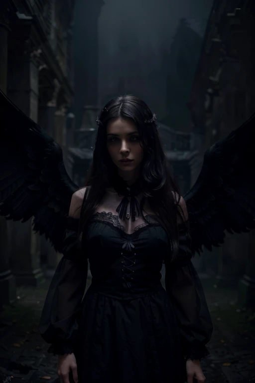 (best quality,4k,8k,highres,masterpiece:1.2), ultra-detailed, (realistic,photorealistic,photo-realistic:1.37), dark angel, pale chalk colored skin, jet black long straight hair, black lipstick, beautiful detailed eyes, beautiful detailed lips, extremely detailed eyes and face, long eyelashes, full body portrait, 1 girl, fucked by a white angel, fucked, fuck, being fucked, doggistyle position, 1 boy, black wings, floating in mid-air, Gothic atmosphere, eerie lighting, intense gaze, mysterious expression, ethereal beauty, flowing dark gown, intricate lace details, hauntingly beautiful, dramatic shadows, chilling aura, supernatural being, otherworldly presence, melancholic atmosphere, misty background, foggy ambiance, hauntingly atmospheric, contrast between light and dark, enigmatic figure, surreal scenery, midnight hues, cinematic feel, intense contrast, unearthly elegance