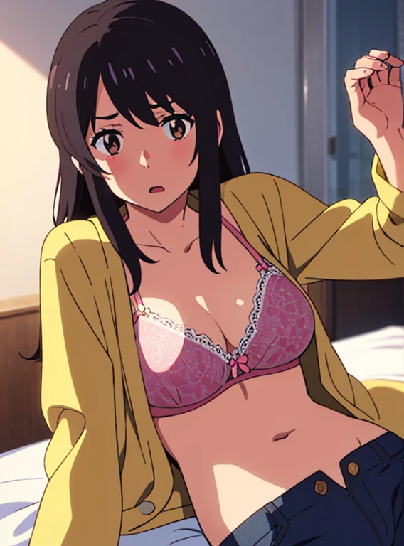 shinkai makoto, kimi no na wa., 1boy, visible hands, POV boy's hands unbuttoning girl's shirt),1girl, bangs, black hair, brown eyes, worried eyes, open mouth, twisted half up, red ribbon, long hair, long sleeve light yellow cardigan, open shirt, white shirt, unbuttoned, medium breast, pink bra, navel, collarbone, blue pants, looking at the viewer, arms up, lying, lying on bedsheets, upper body, masterpiece, perfect anatomy, cowboyshot ,