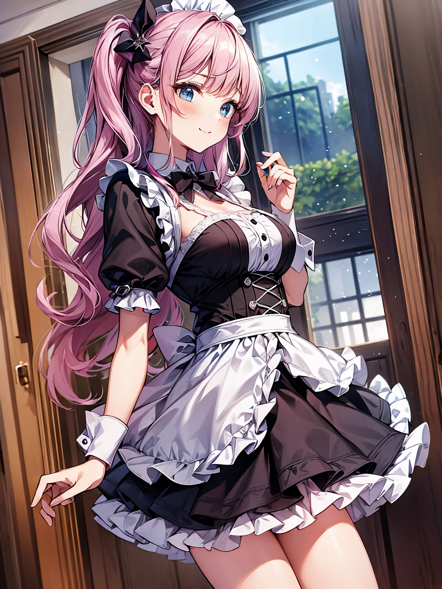 (((perfect human body:1.3)))、side view、Maid Outfit Cosplay:1.3,mini skirt、椅子に座ってうたたねDoing、Doing、frills、smile、blush、20-year-old、Late night bedroom、colorful hair color、bangs bangs、cute、Fashionable、thighs
