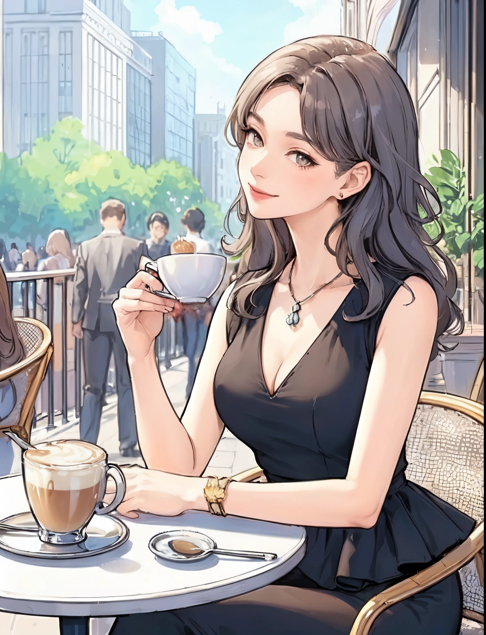 1lady solo, (sitting at terrace seat), (peplum) (stylish outfit), mature female, /(dark gray hair/) bangs, kind smile, (masterpiece best quality:1.2) delicate illustration ultra-detailed, large breasts BREAK (fragrant latte on the table) BREAK (fashionable cafe terrace) outdoors, main street crowded detailed background