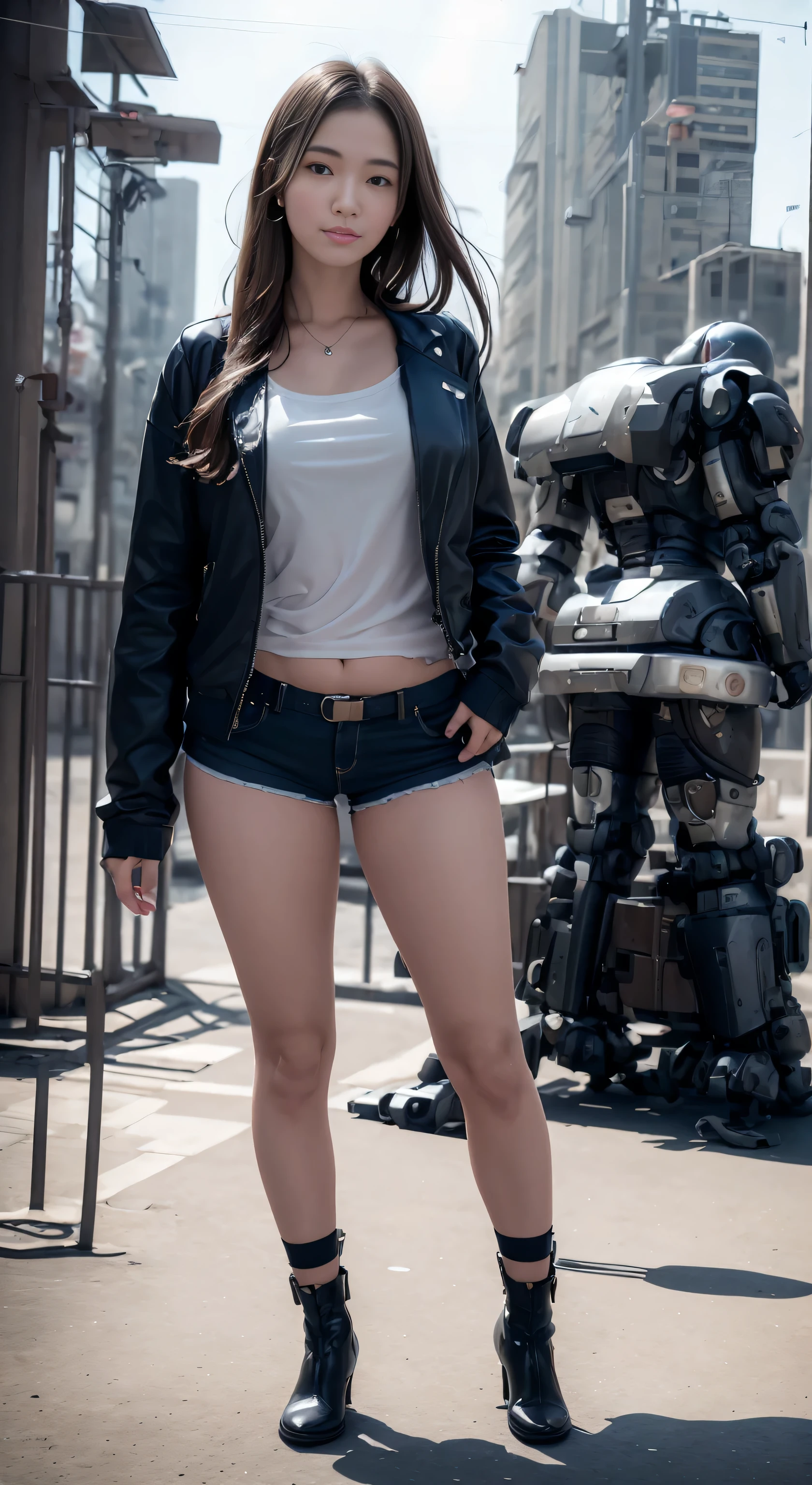 anime girl in short shorts and jacket standing next to giant robot, artwork in the style of guweiz, cyberpunk anime girl mech, trending on cgstation, guweiz, by Russell Dongjun Lu, digital cyberpunk anime art, ross tran 8 k, guweiz on artstation pixiv, girl in mecha cyber armor