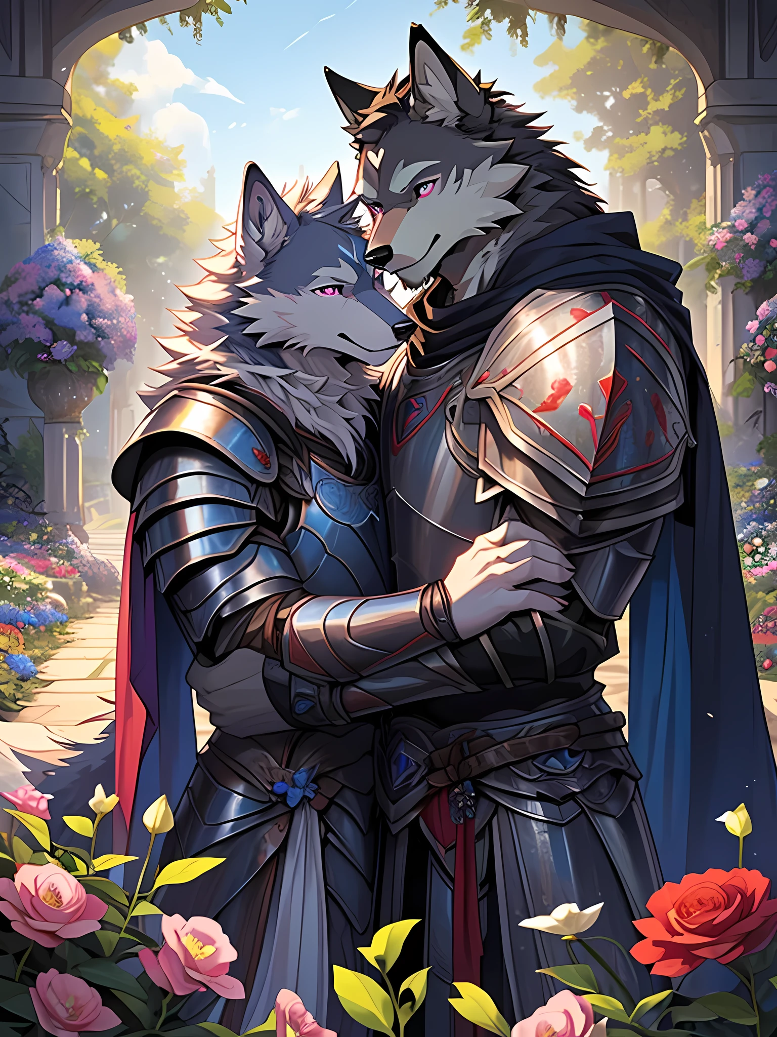 Furry,(A male wolf was hugging another male wolf.)The first wolf had black fur.,neon blue eyes(Eye details with real hair,Wearing red cloaked knight armor.,The second wolf had white fur.,pink eyes(Realistic eye detail),wearing palace clothes,(The couple hugged each other with love and care.),Both of them are in the flower garden.