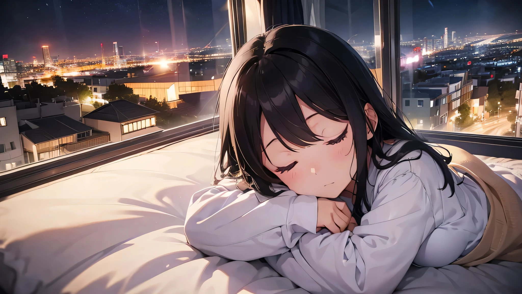 Anime girl laying on a bed with her head on her hands - SeaArt AI