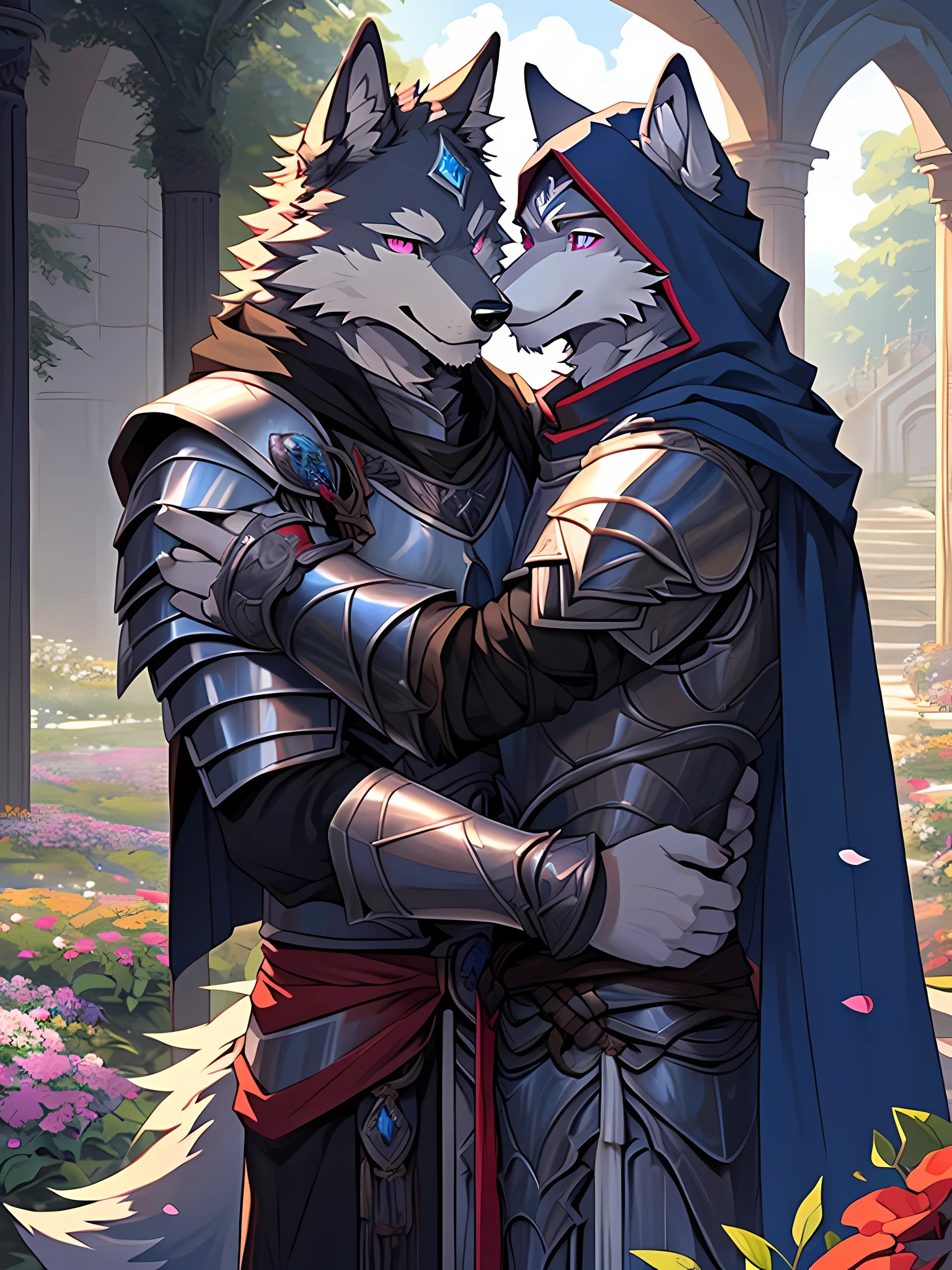 Furry,(A male wolf was hugging another male wolf.)The first wolf had black fur.,neon blue eyes(Eye details with real hair,Wearing red cloaked knight armor.,The second wolf had white fur.,pink eyes(Realistic eye detail),wearing palace clothes,(The couple hugged each other with love and care.),Both of them are in the flower garden.