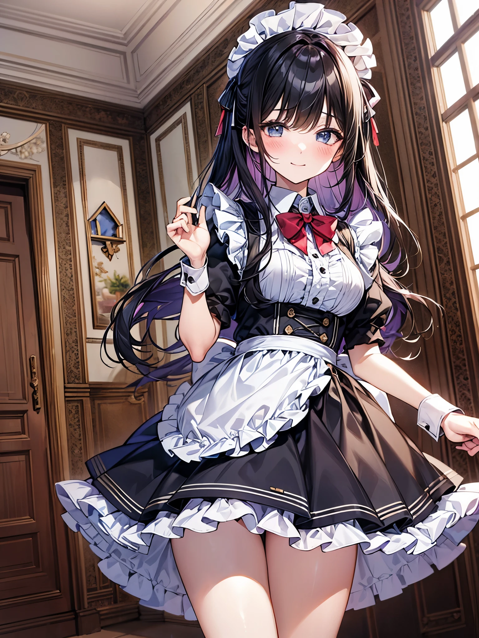(((perfect human body:1.3)))、side view、Maid Outfit Cosplay:1.3,mini skirt、frills、smile、blush、20-year-old、Late night bedroom、colorful hair color、bangs bangs、cute、Fashionable、thighs