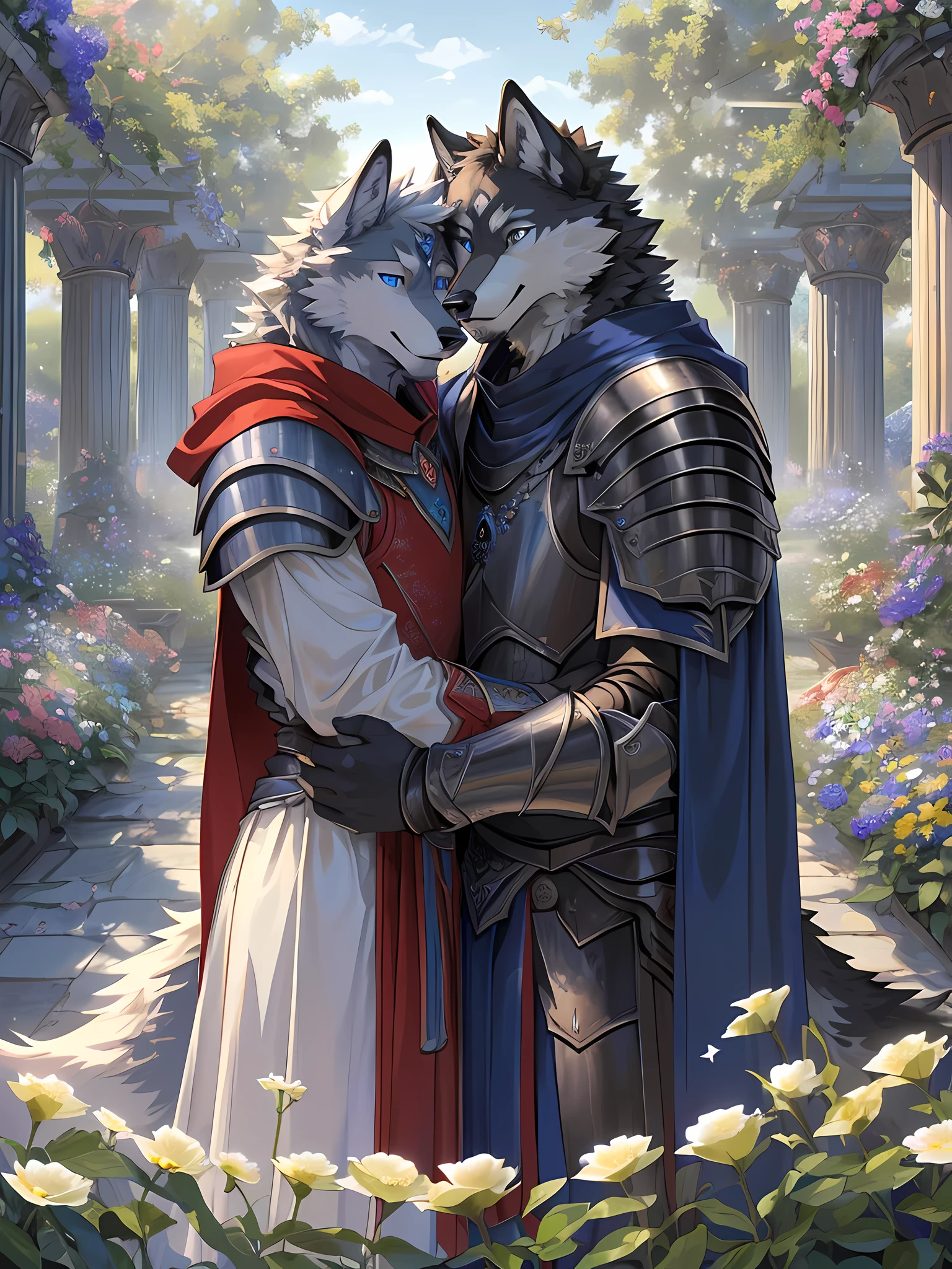 Furry,(A male wolf was hugging another male wolf.)The first wolf had black fur.,neon blue eyes(Eye details with real hair,Wearing red cloaked knight armor.,(The second wolf had white fur.,Black eyes(Realistic eye detail),wearing palace clothes),(The couple hugged each other with love and care.),Both of them are in the flower garden.