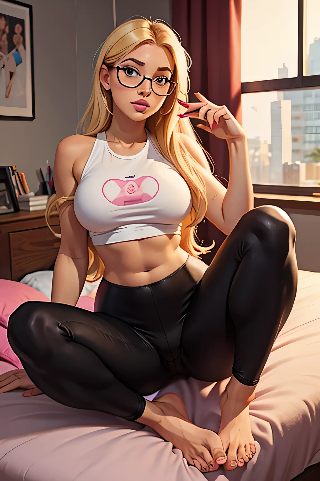 ager, blonde, attractive woman, 18 years old, wearing white t-shirt, white color, hugging teddy bear, black panties, eyeglass, big breasts, sitting on bed, (8k, RAW photo, best quality)