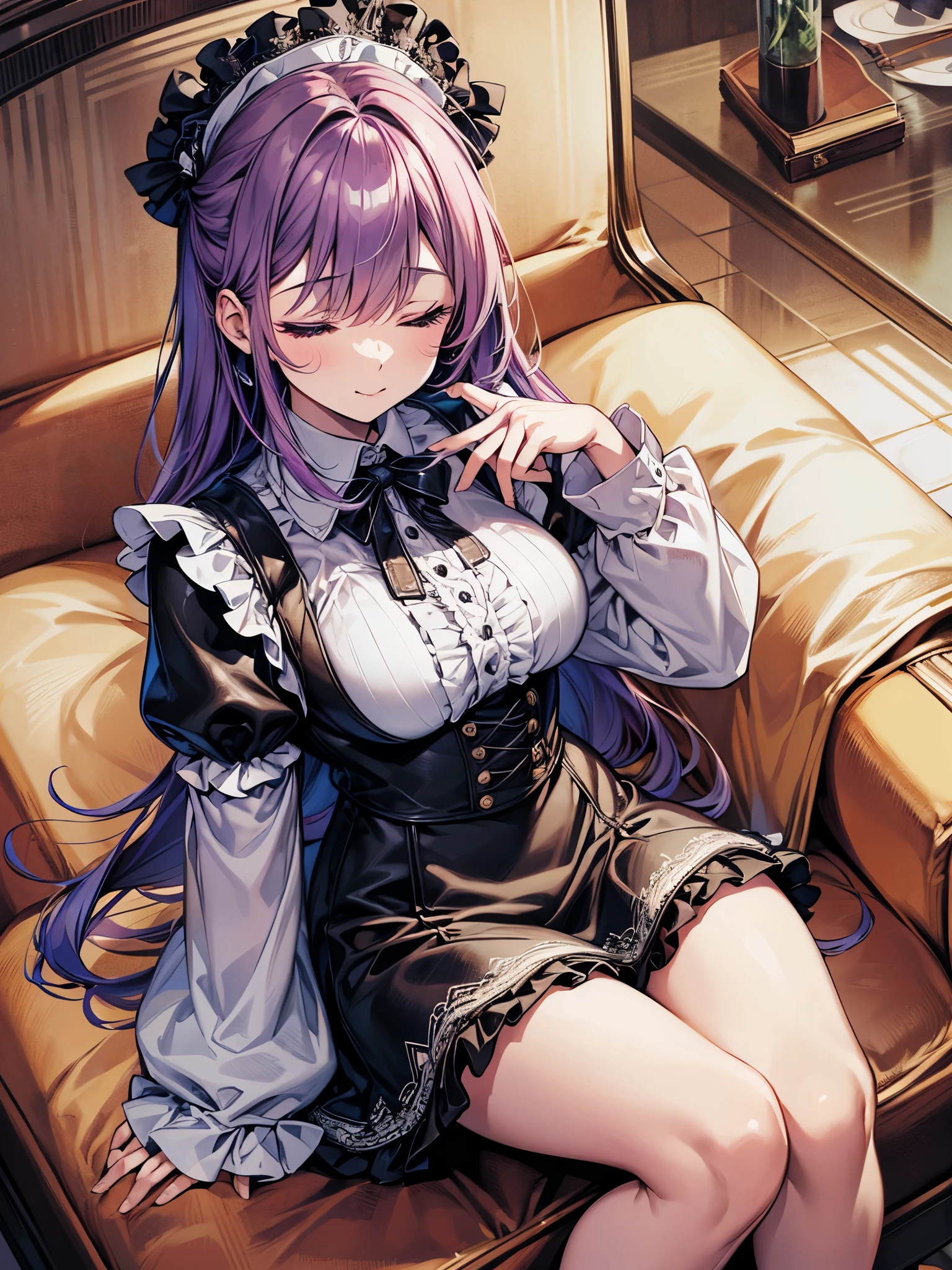 full body figure、(((Sitting in a leather chair)))、(((both eyes closed:1.3)))、Sleeping:1.3、(((perfect human body:1.3)))、Maid clothes、mini skirt、frills、colorful hair color、cute、Fashionable)))
