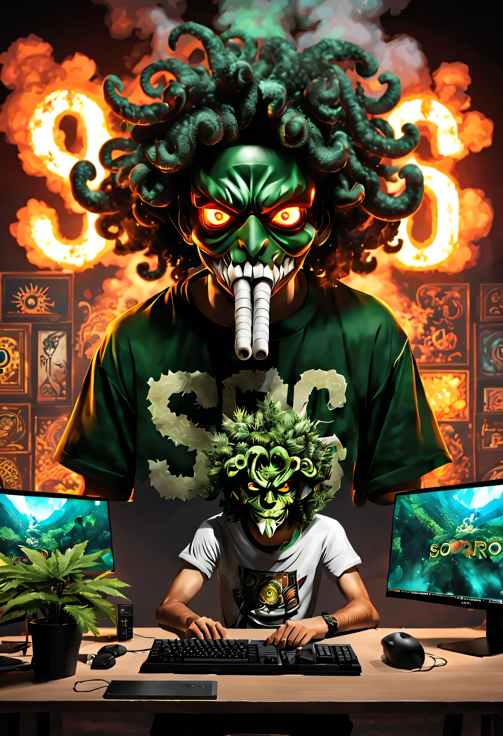 big letters spelling the word SORO,anime style, a dude playing a mmorpg on pc desk with screen showing the game runing in 32k, highly detailed , he smoking a huge weed joint the room is full of smoke ,demons in the backgroung hunting the gamer with creepy lokking eyes, curly hair north west african, the word SORO IS ON SCREEN , mask on
,big letters spelling the word SORO,anime style, a dude playing a mmorpg on pc desk with screen showing the game runing in 32k, highly detailed , he smoking a huge weed joint the room is full of smoke ,demons in the backgroung hunting the gamer with creepy lokking eyes, curly hair north west african, the word SORO IS ON SCREEN , mask on
