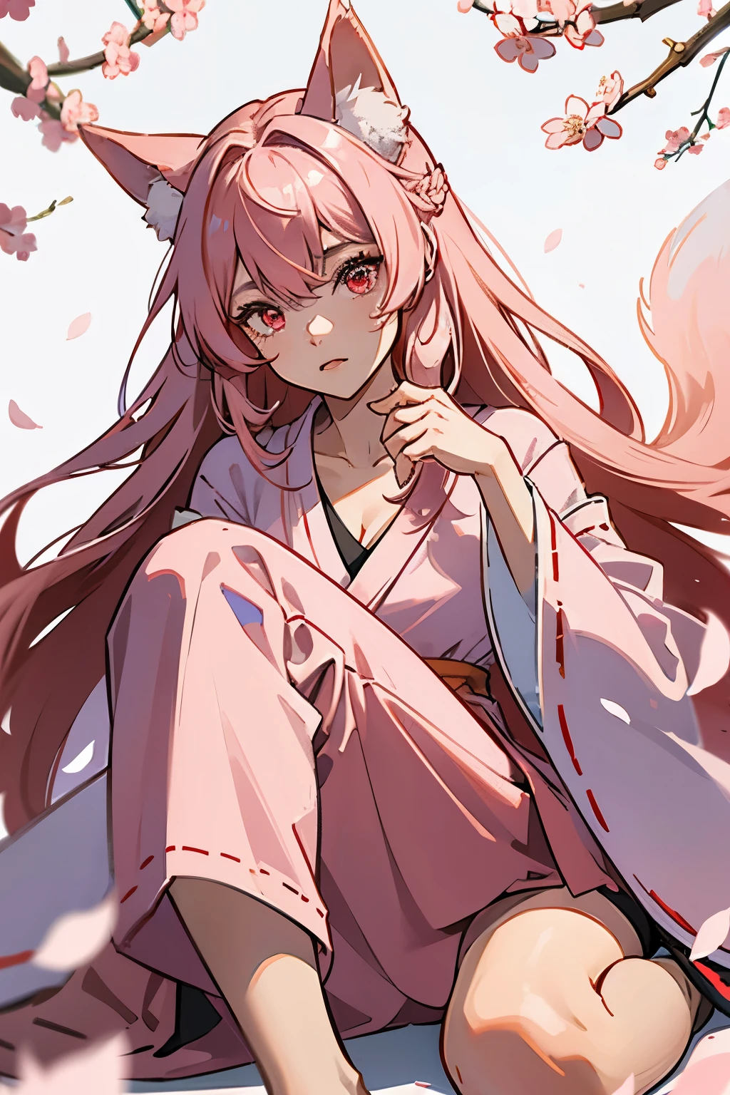 A young woman. She has pink hair. red eyes. She has fox ears and a fluffy long fox tail. She has a horizontal scar covering her left eye. She wears a white robe with a cherry blossom pattern. Red eyes. pink hair. single layer robe. knee length hair.