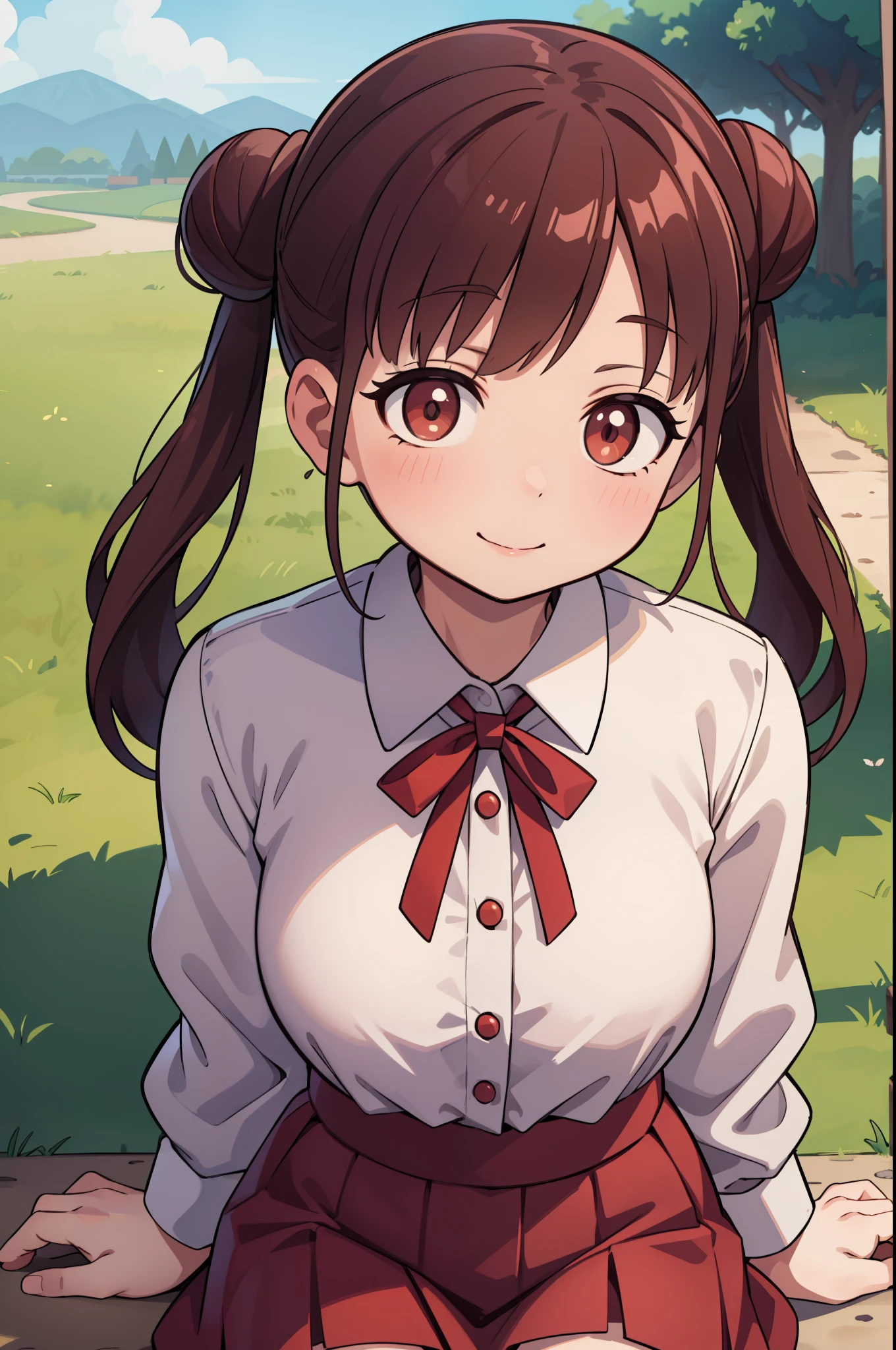 smile, happy, chiyokosonoda, chiyoko sonoda, brown hair, (red eyes:1.5), hair bun, long hair, double bun, sidelocks, make up, eyeline, red lips, blouse, pink blouse, skirt, short skirt, sun hat, earring, sitting, sitting on hill, BREAK on a picnic, BREAK looking at sky, cowboy shot, BREAK (masterpiece:1.2), best quality, high resolution, unity 8k wallpaper, (illustration:0.8), (beautiful detailed eyes:1.6), extremely detailed face, perfect lighting, extremely detailed CG, (perfect hands, perfect anatomy), zoom out, distanced view, view from far, 