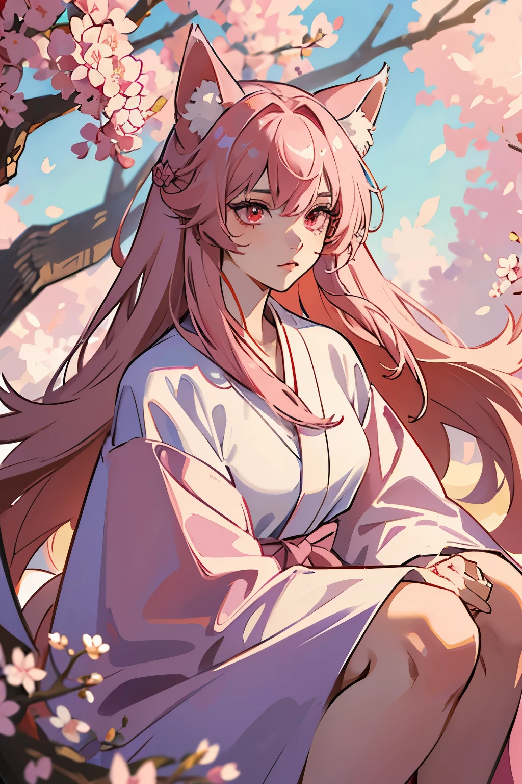 A young woman. She has pink hair. red eyes. She has fox ears and a fluffy long fox tail. She has a horizontal scar covering her left eye. She wears a white robe with a cherry blossom pattern. Red eyes. pink hair. single layer robe. knee length hair.