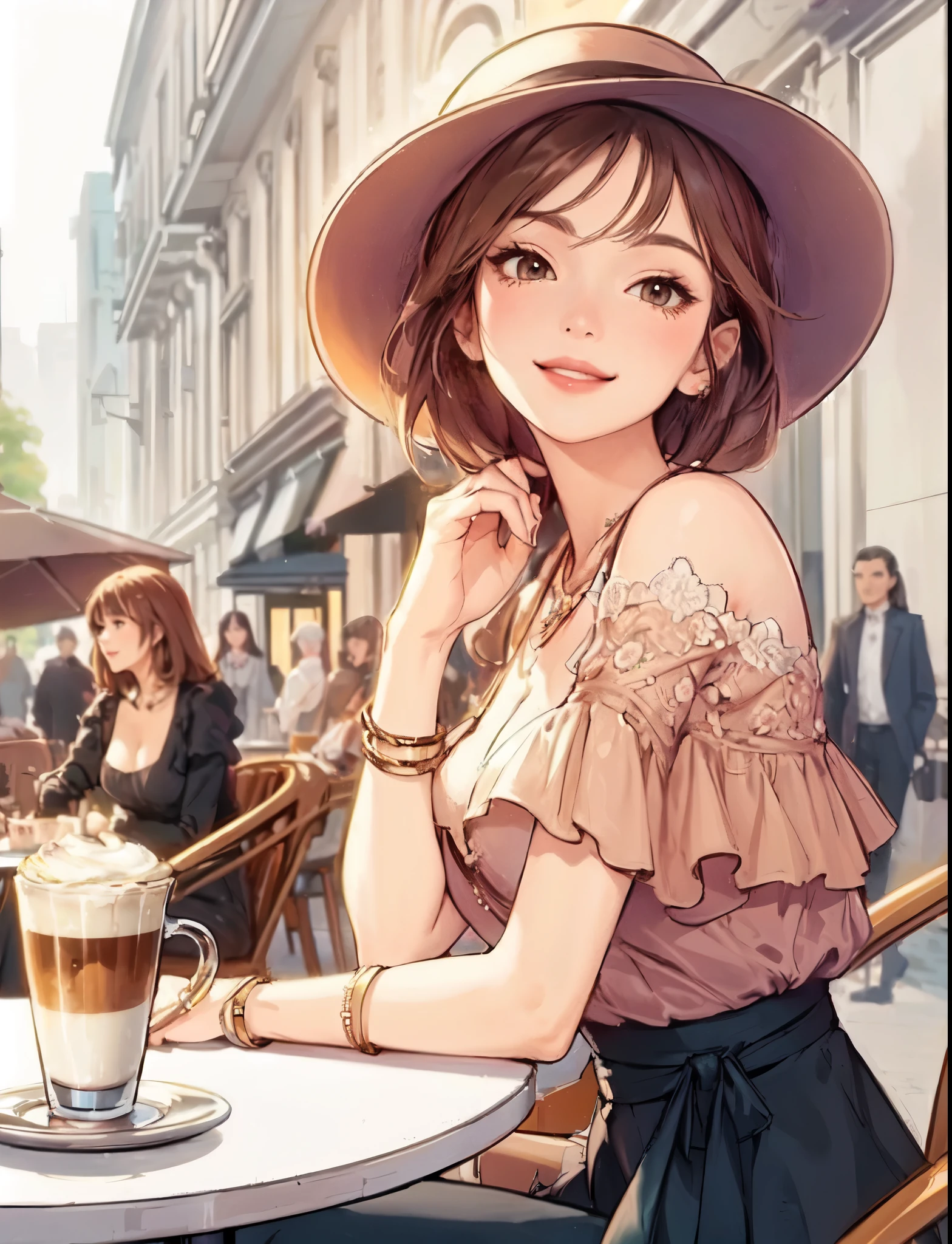 1lady solo, (sitting at terrace seat), (peplum) (stylish outfit), mature female, /(brown hair/) bangs, kind smile, (masterpiece best quality:1.2) delicate illustration ultra-detailed, large breasts BREAK (fragrant latte on the table) BREAK (fashionable cafe terrace) outdoors, main street crowded detailed background