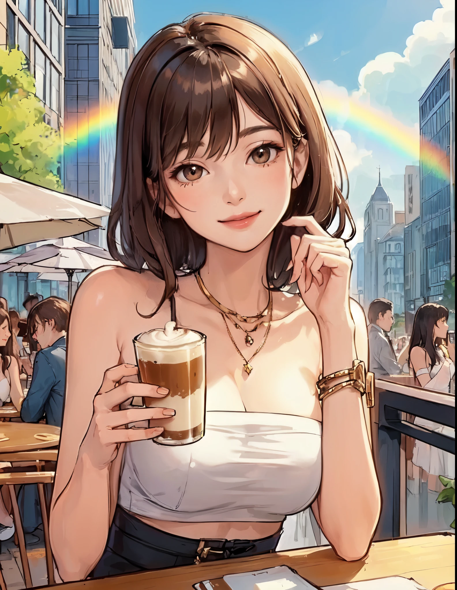 1lady solo, (sitting at terrace seat), (tube top) (stylish outfit), mature female, /(brown hair/) bangs, kind smile, (masterpiece best quality:1.2) delicate illustration ultra-detailed, large breasts BREAK (fragrant latte on the table) BREAK (fashionable cafe terrace) outdoors, main street crowded detailed background