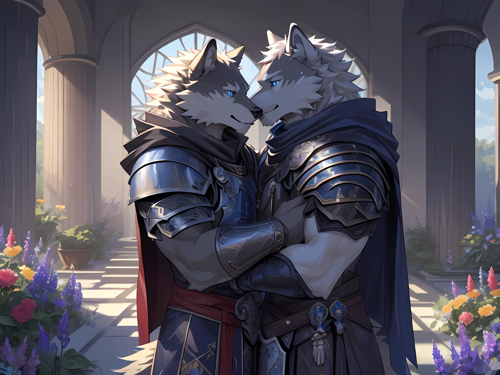 Furry,(A male wolf was hugging another male wolf.)The first wolf had black fur.,neon blue eyes(Eye details with real hair,Wearing red cloaked knight armor.,(The second wolf had white fur and black eyes.(Realistic eye detail),wearing palace clothes),(The couple hugged each other with love and care.),Both of them are in the flower garden.,Backlit image,HDR,8K,Highest image resolution