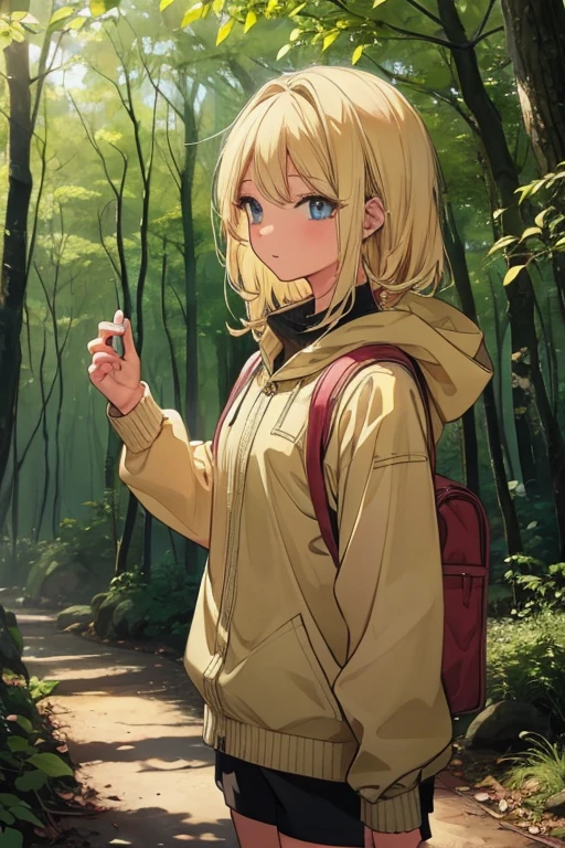 A blonde haired female angel with hazel eyes is hiking in the forest