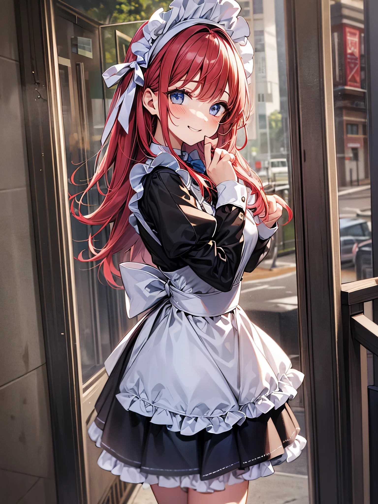 A girl wearing a maid outfit is smiling cutely at the entrance of the apartment.、red hair、colorful hair color、