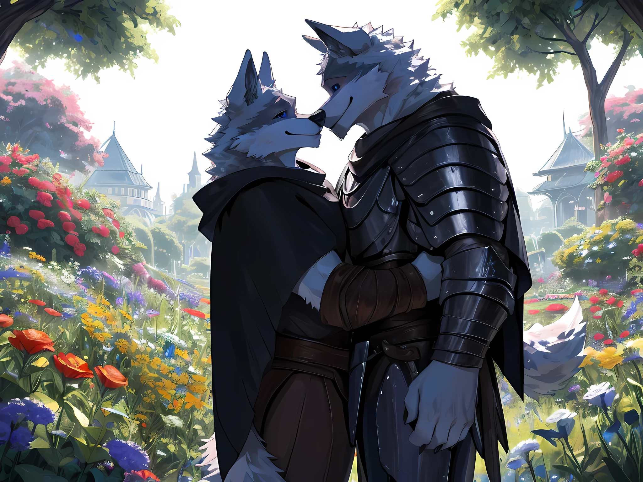 Furry,(A male wolf was hugging another male wolf.)The first wolf had black fur.,neon blue eyes(Eye details with real hair,Wearing red cloaked knight armor.,(The second wolf had white fur and black eyes.(Realistic eye detail),wearing palace clothes),(The couple hugged each other with love and care.),Both of them are in the flower garden.,Backlit image,HDR,8K,Highest image resolution
