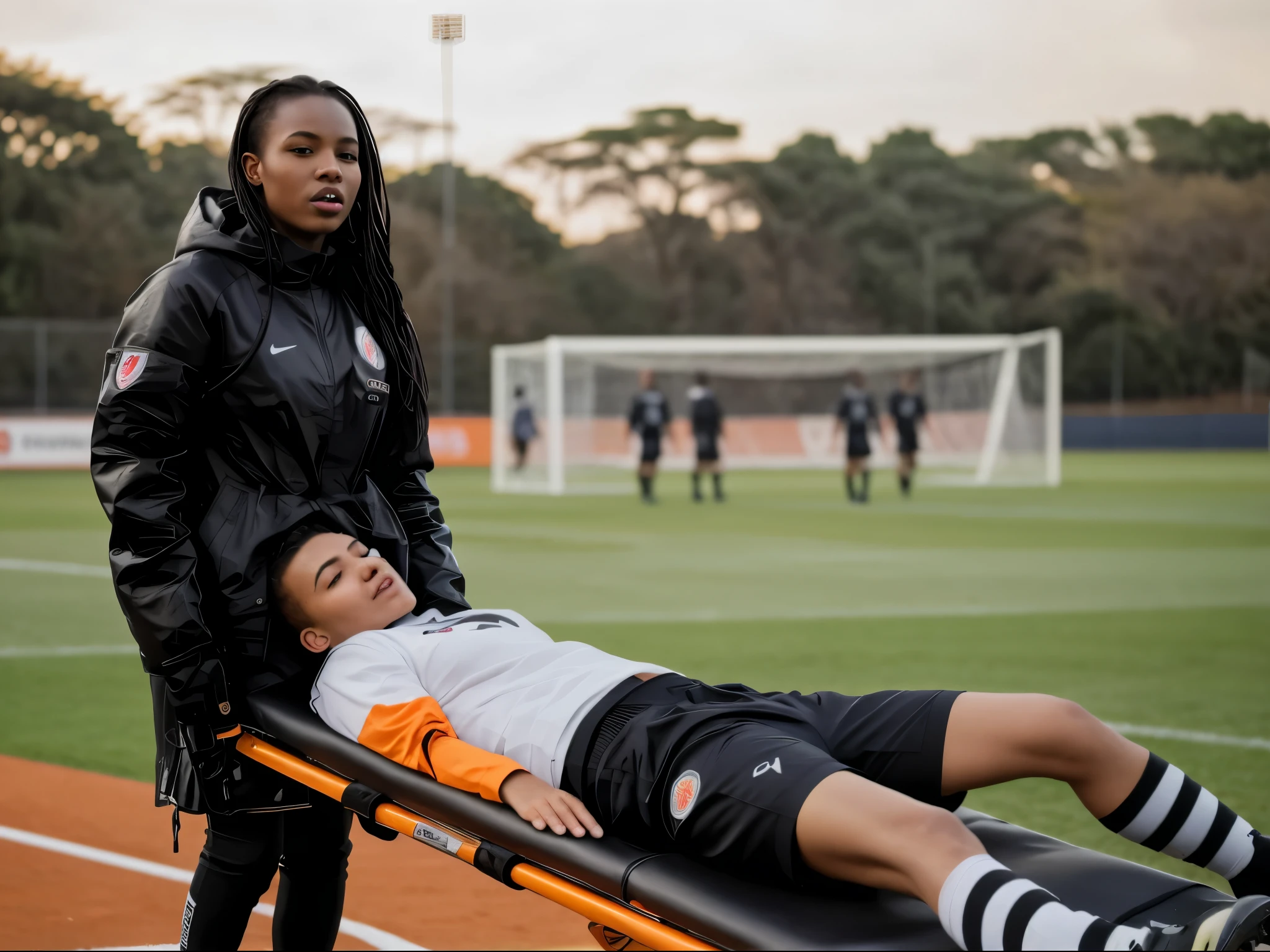 soccer, sports injury, theatralic erotic action, intense erotic scene, erotic pose, a love scene, interracial loving action, erotic, an injured soccer-boy in matte cotton sportswear is rearing up in pain on a stretcher, an injured soccer-boy in matte cotton sportswear is rearing up in pain on a stretcher that is carried by his african girlfriend, there is an attractive african girl in a deep black high-shine biker-jacket, a terrified but attractive african girl is evacuating her injured soccer-boyfriend from a soccer field, an injured soccer-boy in matte cotton sportswear is rearing up in pain on a stretcher while he is evacuated from the field of play by his very attractive african girlfriend, an injured soccer-boy is crying in pain, an attractive african girl in a wet deep black shiny plastic-jacket is giving first aid, dramatic action scene, first aid, injury, pain, agony, helping woman, woman carrying a man, an attractive african girl in a black shiny biker- jacket, an attractive african girl in a wetlook shiny patent-leather-biker-jacket with lipstick and madeup smokey eyes, a consciousless german boy in a cotton shirt and a matte jeans, an attractive african girl with lots of makeup in a very shiny wet black biker-jacket, an attractive african girl is wearing a shiny bikerjacket, an attractive african girl with smokey eyes, an attractive madeup girl in shiny leather with lipstick, an attractive african girl is carrying a german boy, a matte clothed injured boy, a shorthaired boy with cotton t-shirt, a shorthaired boy needs to be carried while wearing matte sportswear
