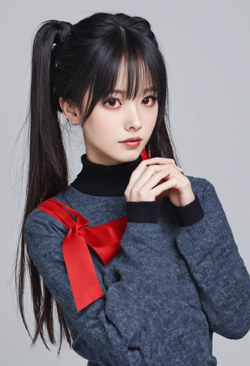 1girl, tohsaka rin, solo, long hair, sweater, red sweater, looking at viewer, blue background, black hair, simple background, two side up, turtleneck, blue eyes, lips, closed mouth, ribbon, hair ribbon, bangs, turtleneck sweater, upper body, parted bangs, black ribbon, ribbed sweater, twintails, nose,
