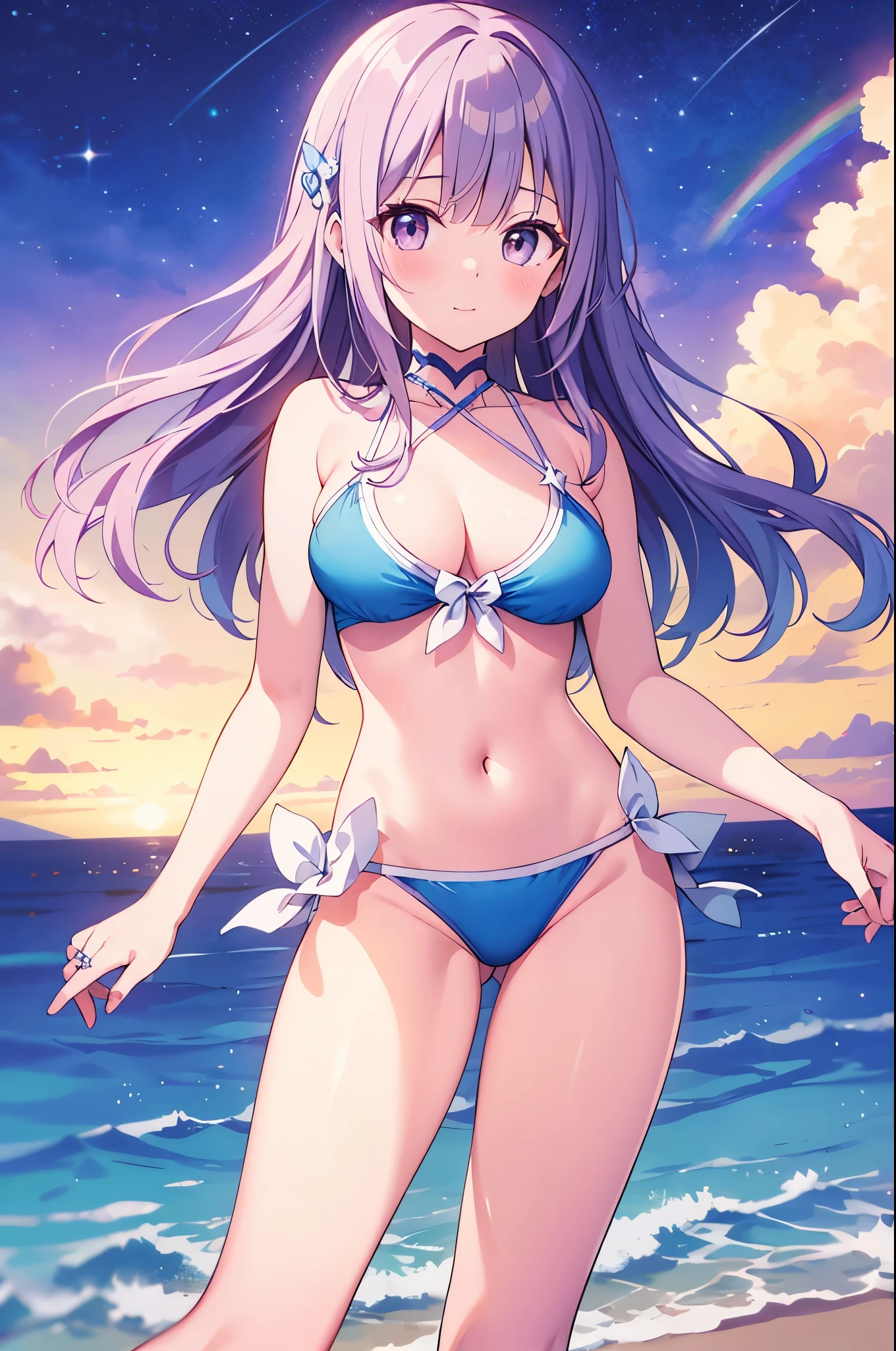 （masterpiece）、(highest quality)、((Super detailed))、(super delicate)、Princess in a naughty swimsuit、Pastel colors hair、beautiful breasts、Thighs、Gorgeous、Sea with a view of the horizon、Fantastic starry sky、Rainbow Ring