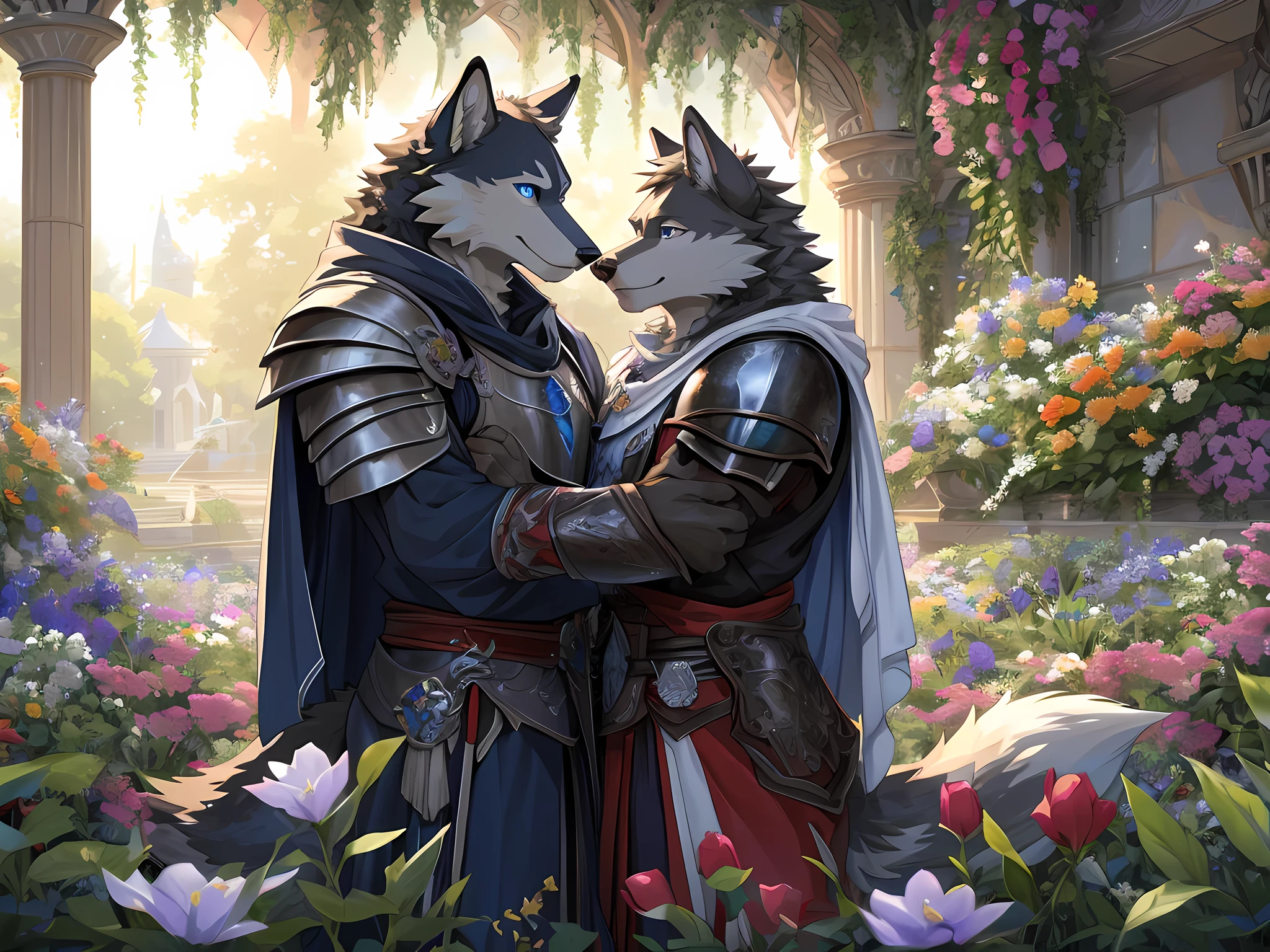 Furry,(A male wolf was hugging another male wolf.)The first wolf had black fur.,neon blue eyes(Eye details with real hair,Wearing red cloaked knight armor.,(The second wolf had white fur and black eyes.(Realistic eye detail),wearing palace clothes),(The couple hugged each other with love and care.),Both of them are in the flower garden.,Backlit image,HDR,8K,Highest image resolution