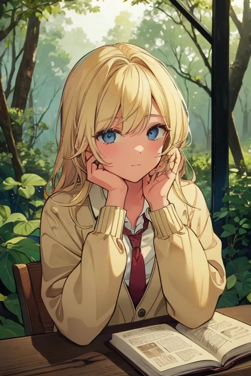 A blonde haired female angel with hazel eyes is reading a map in the forest