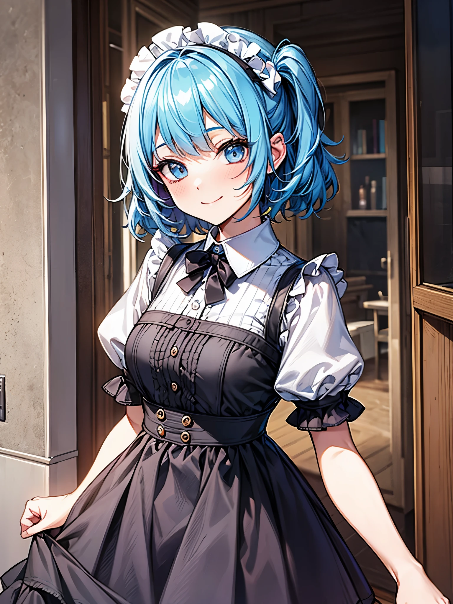 A girl wearing a maid outfit is smiling cutely at the entrance of the apartment.、blue hair、Hair color with colorful inner layer、