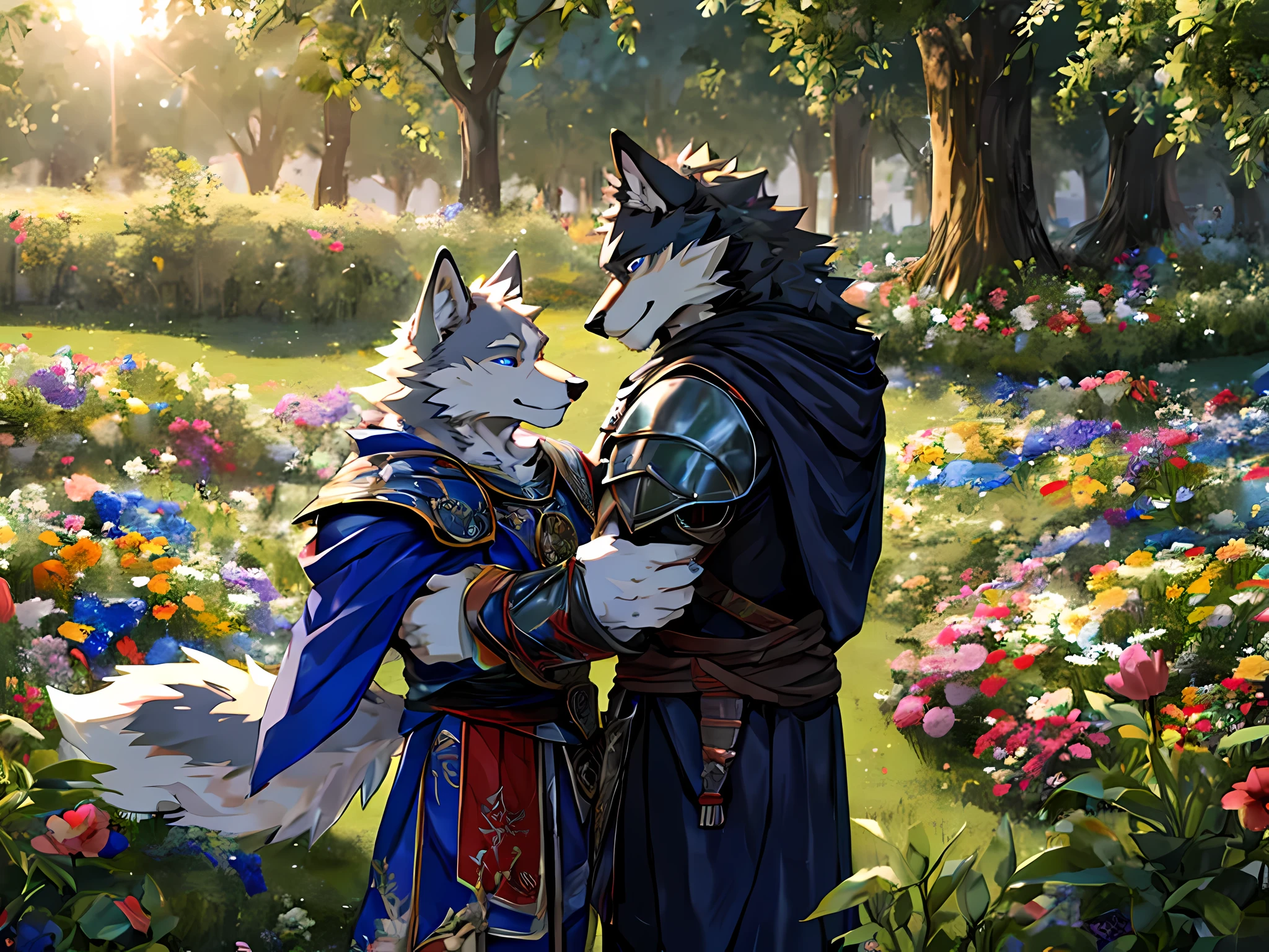 Furry,(A male wolf was hugging another male wolf.)The first wolf had black fur.,neon blue eyes(Eye details with real hair,Wearing red cloaked knight armor.,(The second wolf had white fur and black eyes.(Realistic eye detail),wearing palace clothes),(The couple hugged each other with love and care.),Both of them are in the flower garden.,Backlit image,HDR,8K,Highest image resolution