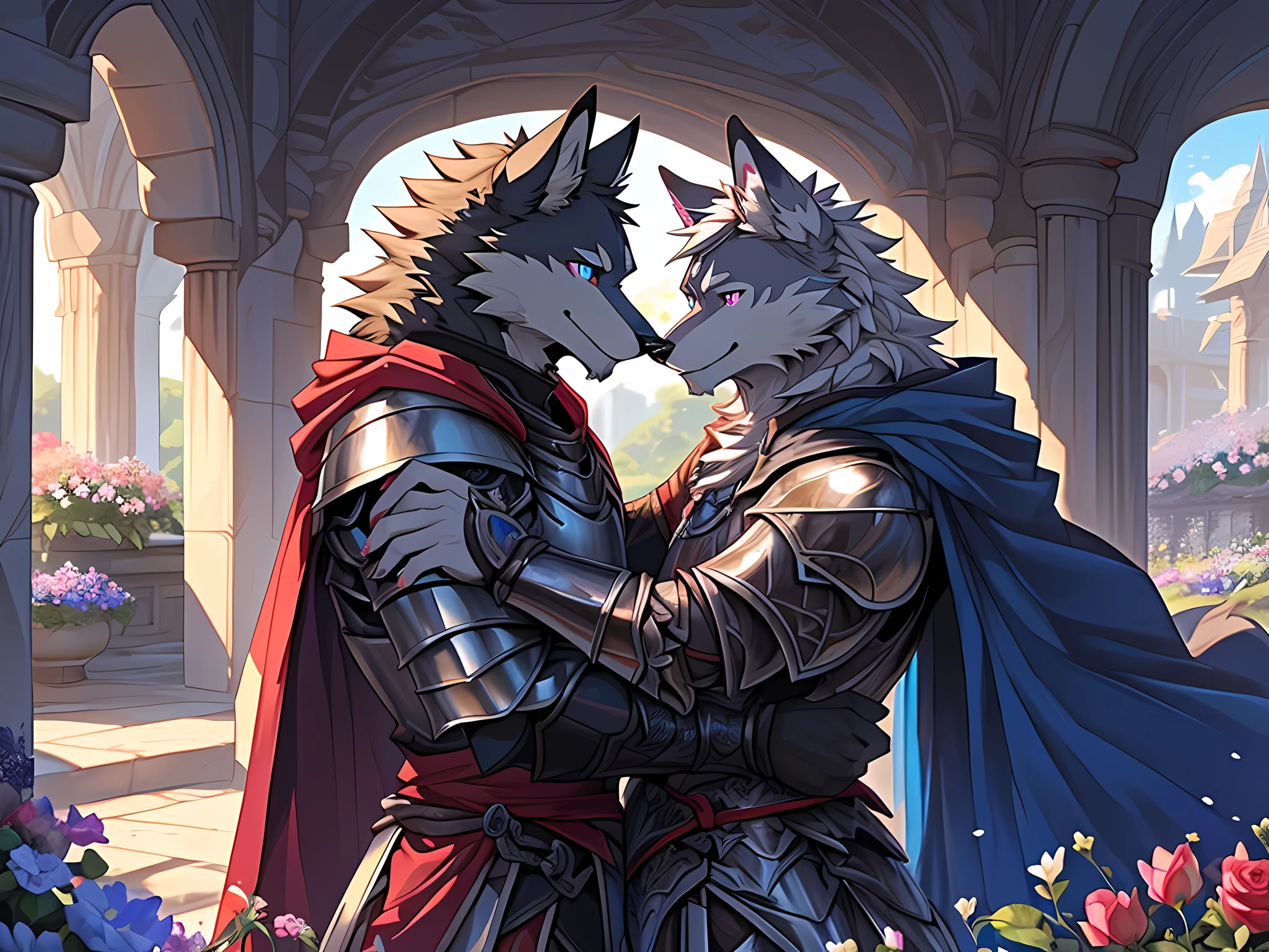 Furry,(A male wolf was hugging another male wolf.)The first wolf had black fur.,neon blue eyes(Eye details with real hair,Wearing red cloaked knight armor.,The second wolf had white fur.,pink eyes(Realistic eye detail),wearing palace clothes,(The couple hugged each other with love and care.),Both of them are in the flower garden.