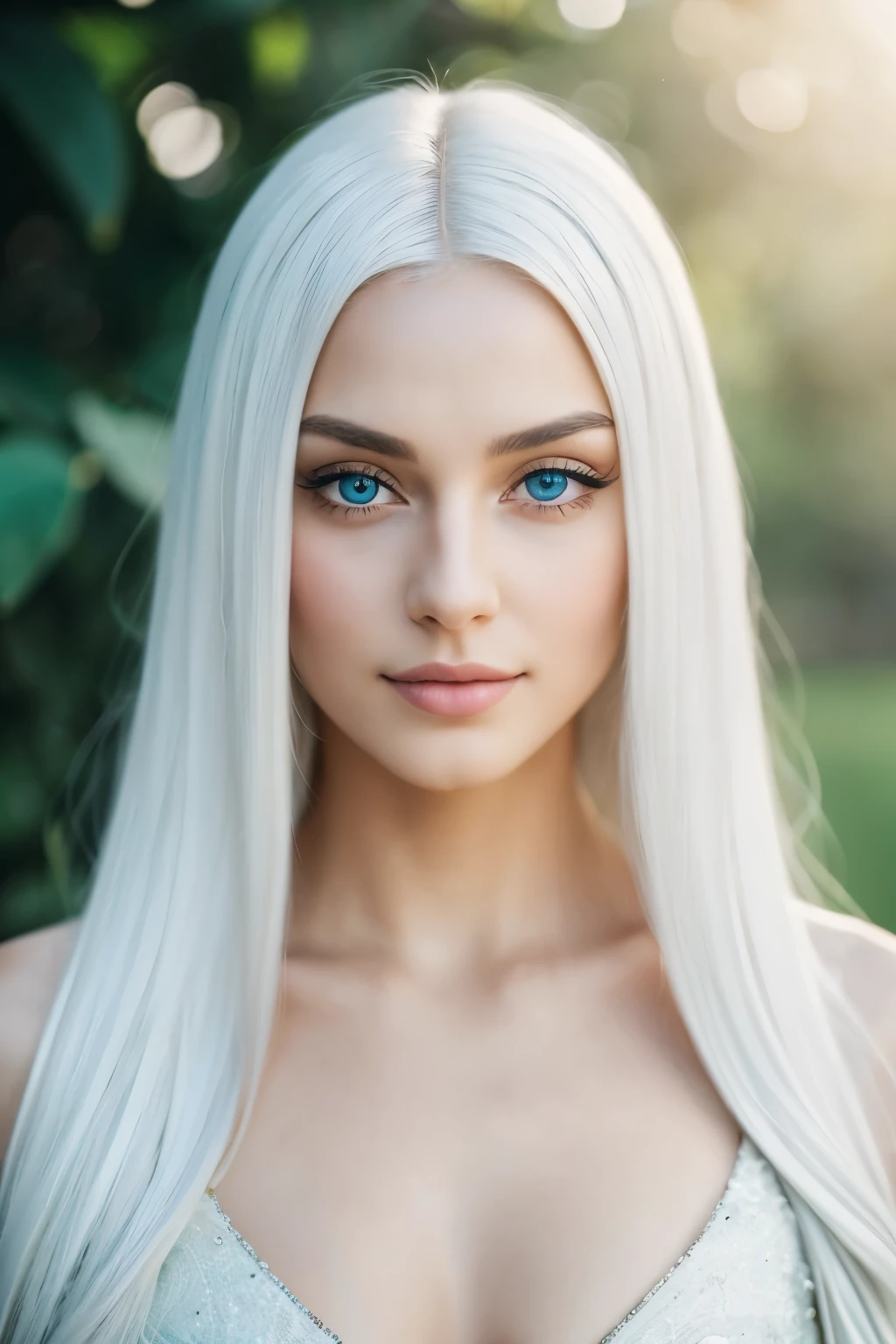 A very slim, full-growth transgender person with long, white hair captivates the viewer's attention in this exquisite 8k portrait. The soft, natural light bathes their delicate features, accentuating the intricate details of their skin texture and highlighting the luster of their shiny locks. Their piercing blue eyes, framed by thick lashes, gleam with intelligent depth and curiosity. Wearing a fitted outfit that flatters their slender frame, they exude an undeniable charm and allure, drawing you in with their infectious cuteness. This stunning masterpiece, taken with a 35mm lens and an f/0.9 aperture, show