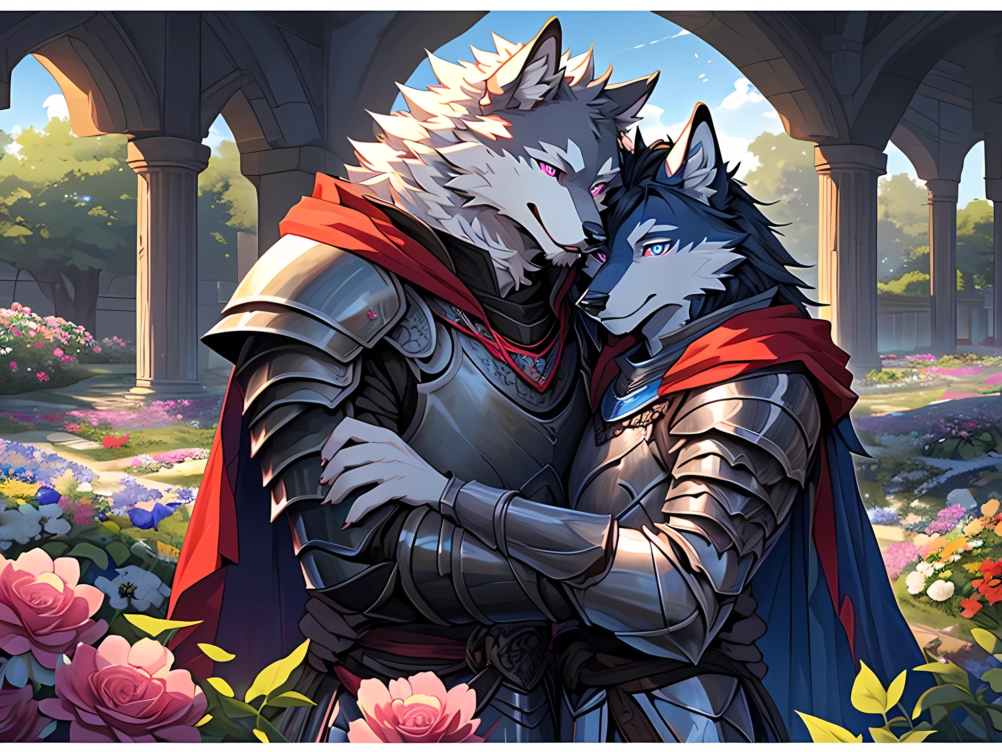Furry,(A male wolf was hugging another male wolf.)The first wolf had black fur.,neon blue eyes(Eye details with real hair,Wearing red cloaked knight armor.,The second wolf had white fur.,pink eyes(Realistic eye detail),wearing palace clothes,(The couple hugged each other with love and care.),Both of them are in the flower garden.
