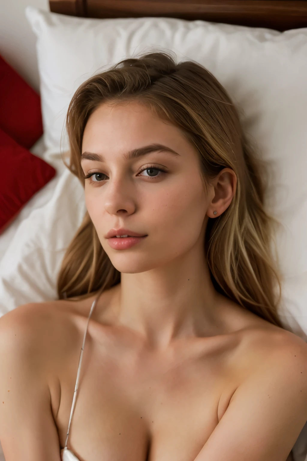 laying on the bed, full body picture, Random enchanting moves, Der Kamera zugewandt, phantasievoll, erste Liebe, blonde curly hair, green eyes, big eyes, realistic, tanned, thin, short hair, neck long hair, very curly hair, vintage camera