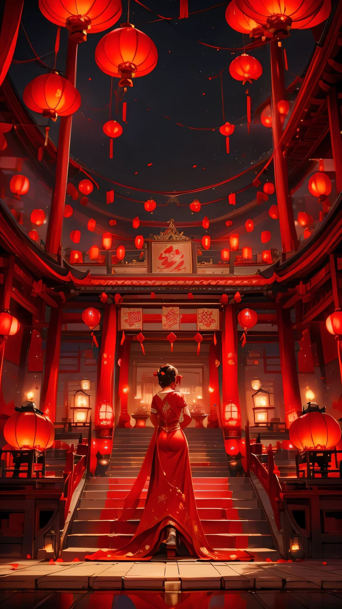 CNY， Red wedding dress, china city , Thongbu lamp ,red ribbon hanging，Quixel Megascans rendering , high detail , 8k，red lantern speechless， Red，festive，nobody，Red decoration on background，Red，Pixar, charming, Cartoonish，Business posters，There are decorations around，happiness,