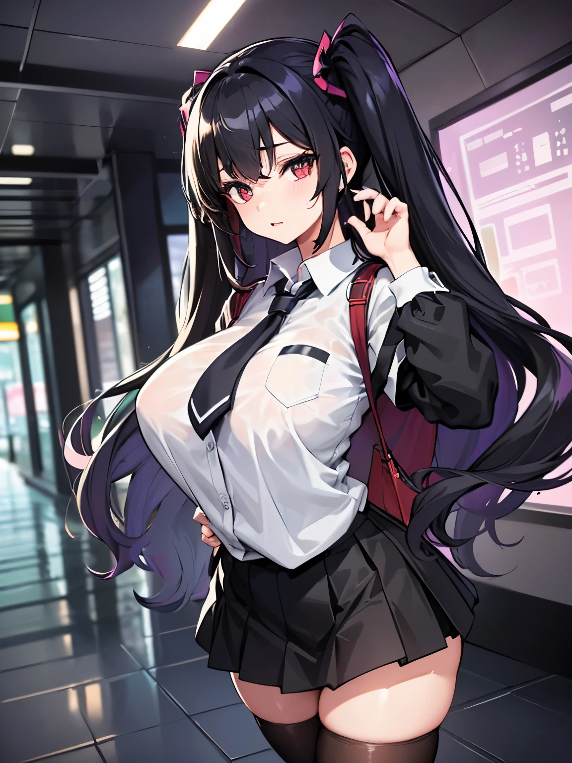 (8k, best quality, masterpiece:1.2),\(Eye details\),\(Facial features\),(\(Clothes detail details\)\),(full body:1.4),(huge :1.2),(Facial focus) ,Very detailed CG unity 8K wallpaper,Huge file size,Super detailed,a high resolution,absurd,beautiful eyes,Ray tracing,dramatic shadows,fine details,Dramatic angles,Hyper-detailing,(1 girl​:1.3),(Solo),,(/black hair:1.2/),short twintail,(/black pupil:1.2/),(/school shirt:1.3/)+(/black skirt:1.3/),large breasts,(the girl has uneven body curves:1.3)