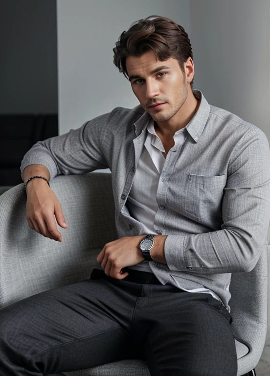 a man sit on the chair posing for photography , wearing grey pant, with black loafer and white shirt, watch on the wrist,detailed skin, realistic skin texture, texture, detailed eyes, professional, 4k, high quality, shot on Canon
