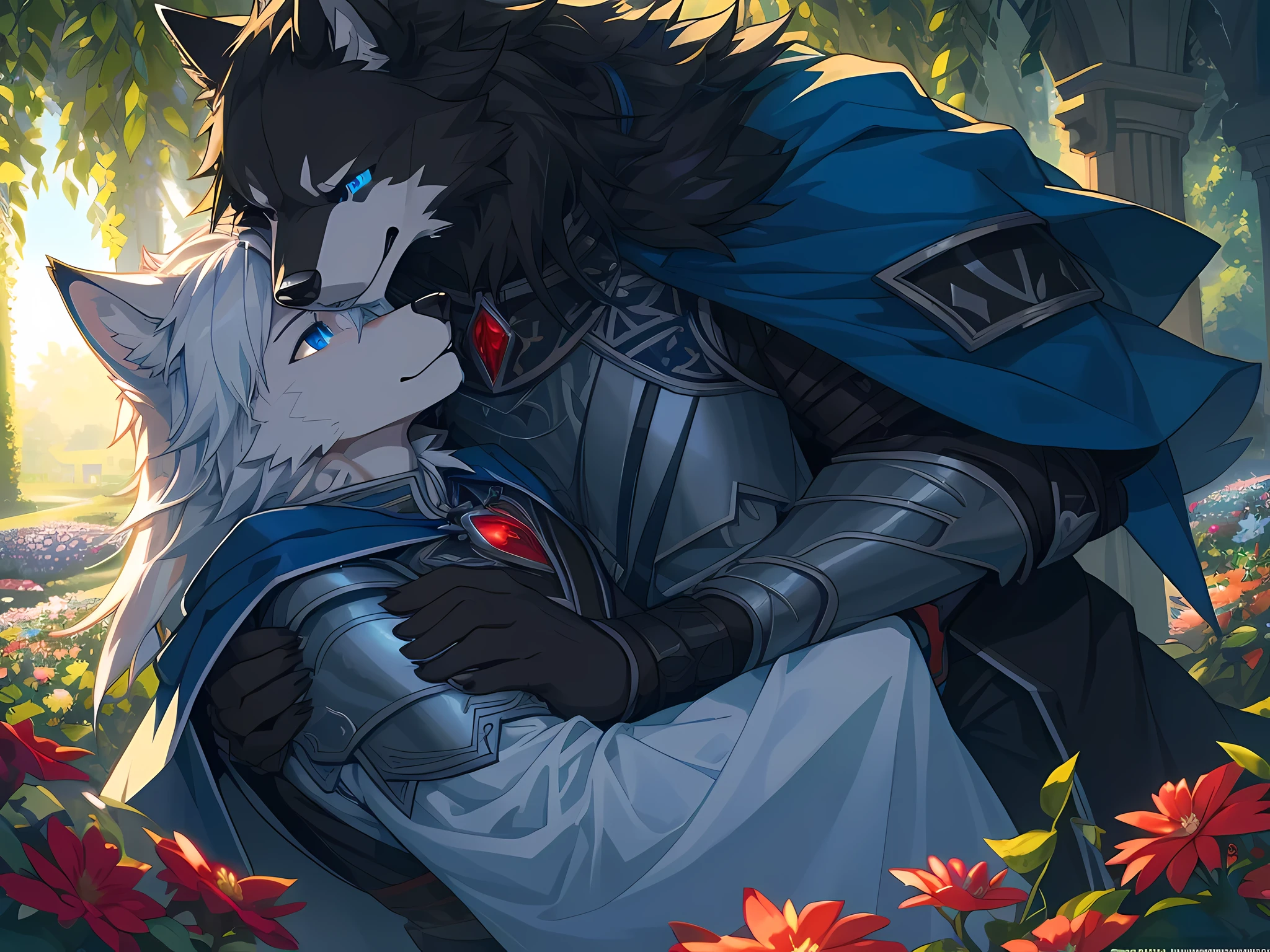 Furry,(A male wolf was hugging another male wolf.)The first wolf had black fur.,neon blue eyes(Eye details with real hair,Wearing red cloaked knight armor.,The second wolf had white fur, a male, black eyes.(Realistic eye detail),wearing palace clothes,(The couple hugged each other with love and care.),Both of them are in the flower garden.,Backlit image,HDR,8K,Highest image resolution