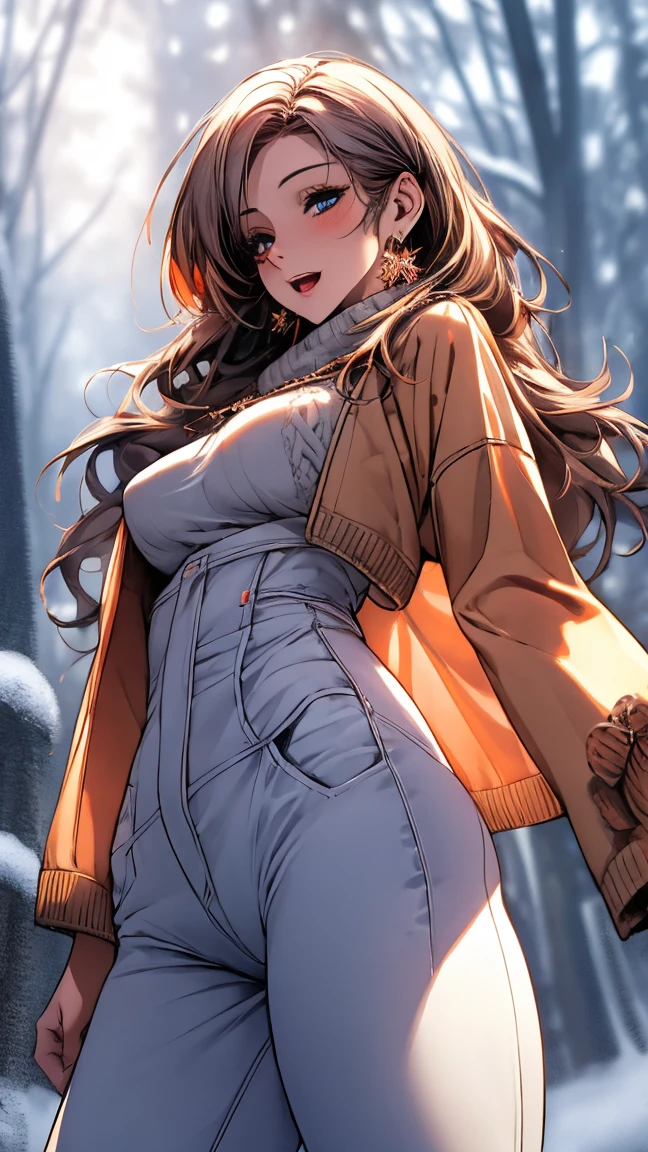 (masterpiece, best quality:1.2), (high resolution, 8K RAW photo, photo realistics, clear focus, thin outline:1.3), (natural lighting, textile shading), snapshot, pov, ((solo:1.37)), (1 matured woman, 28 years old, raised sexy), ((milf:1.5)), ((nfsw:0.8, fuge breast:1.3, sagging breast, big tits, breast cleavage, harass sexually, in heat:0.2)), ((Bright beautiful eyes with highlight:1.3, fine detailed eyes, high detailed pupils)), beautiful girl wearing winter outfits:1.5, ((cute girl playing around in the falling snow:1.5, dancing, stepping, with fluttering:1.2, turnning, spinning, spreading legs, opening arms widely, fluttering hair)), ((winter outfits, wearing light orange winter coat:1.2, fluttering winter coat, cable knit sweaters, skinny denim:1.5, knit scarfs around neck, tihg_length long boots1.1)), your body decorated with fallen snow, in the snow, (looking at viewers, with seductitve smiling, half-closing eyes), ((little opening mouth:1.37)), silver based purple meshed hair, medium long hair, hair over one eye, asymmetric hair, side rock, blue eyes, (Luxury detailed accessories, necklace, earrings, Bracelets), bokeh, dutch angle, close-up face:1.5, full body, ankle focus, ((from side below:1.5)), ((full bodiEsbian, correct anatomy:1.6, perfect anatomy:1.3, ideal ratio of body proportions, correct hand:1.5, small hands)), outdoors, in a snowy forest, snow covered ground, trees decorated with snow, floating snowflakes, 