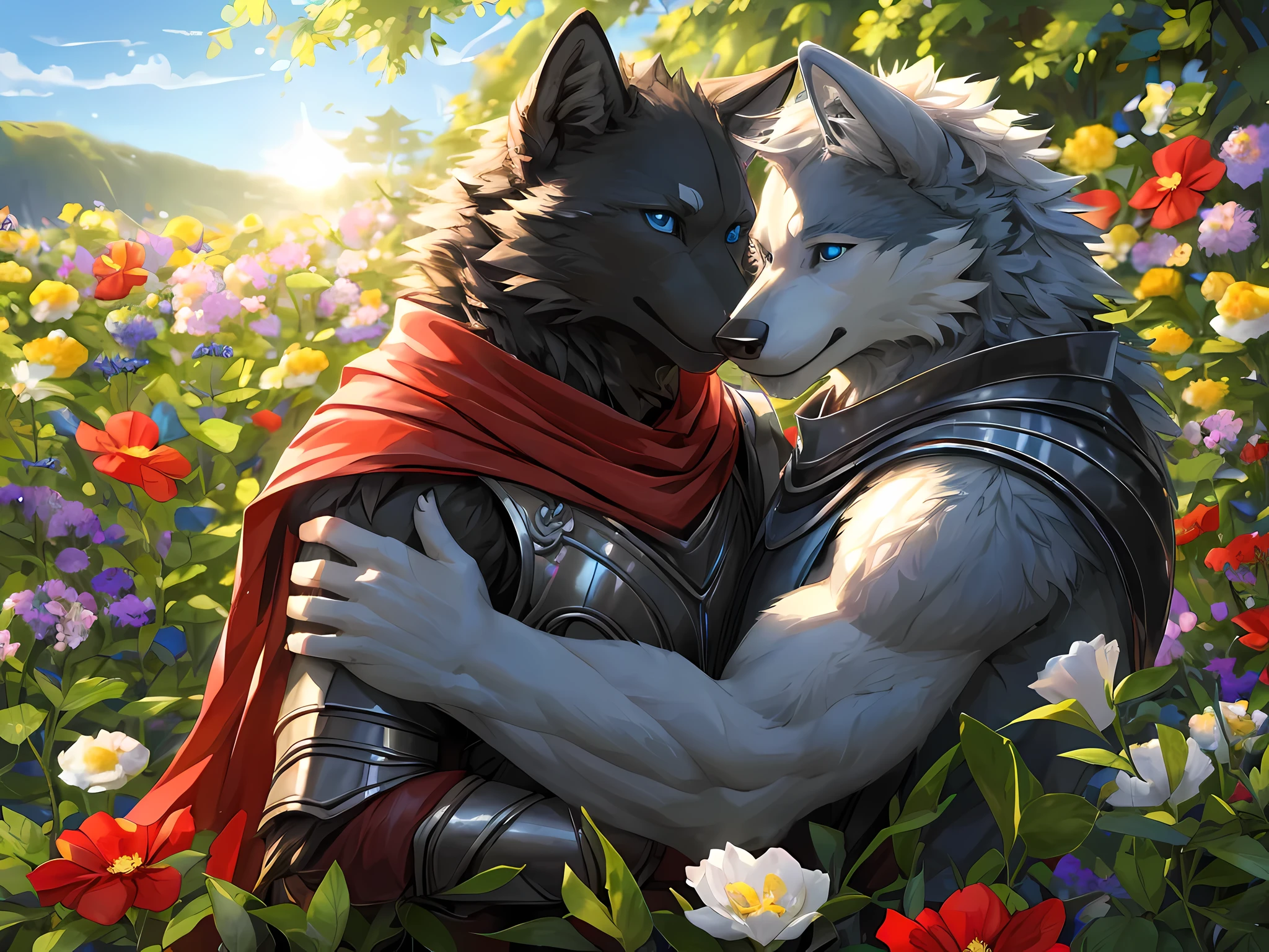 Furry,(A male wolf was hugging another male wolf.)The first wolf had black fur.,neon blue eyes(Eye details with real hair,Wearing red cloaked knight armor.,The second wolf had white fur, a male, black eyes.(Realistic eye detail),wearing palace clothes,(The couple hugged each other with love and care.),Both of them are in the flower garden.,Backlit image,HDR,8K,Highest image resolution