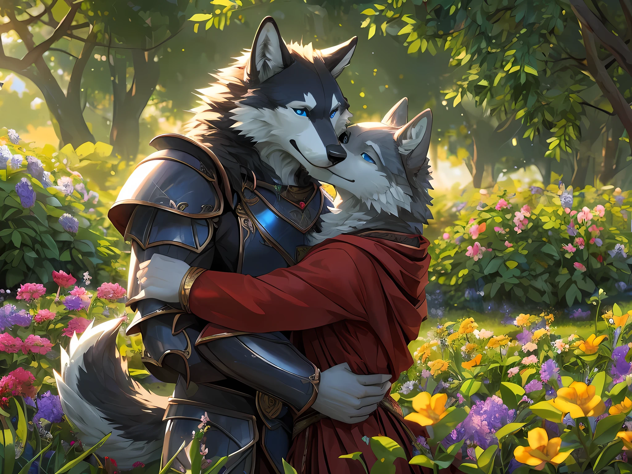 Furry,(A male wolf was hugging another male wolf.)The first wolf had black fur.,neon blue eyes(Eye details with real hair,Wearing red cloaked knight armor.,The second wolf had white fur, a male, black eyes.(Realistic eye detail),wearing palace clothes,(The couple hugged each other with love and care.),Both of them are in the flower garden.,Backlit image,HDR,8K,Highest image resolution