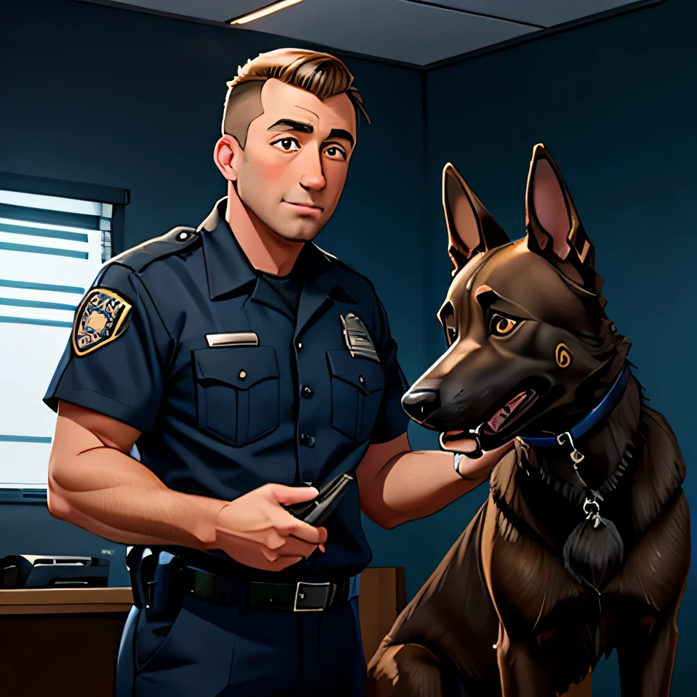 k9 handler guy with a belgian shepherd malinois dog aged 30 to 45 at work, NYPD, smooth lines