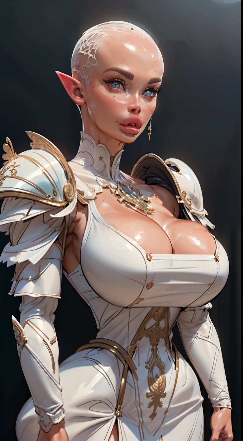 (((1girl:1.8))), ((bulky woman:1.5)) sehele style, anime style, (((dark elf))) (((blue skin:1.5))) (((smoldering eyes))), ((bald:1.5)), ((no hair:1.5)), 8k, 4k, Unreal Engine 5, octane render, trending on pixiv, ((huge shoulder pads:1.7)) (wide shoulders:1.1), (large biceps:1.5), fanbox, skeb, (((white armor:1.5))), masterpiece, ((slendered abs:1.2)),(pressed breasts together:1.4), (full bodied), wide hips, (full lips:1.5), smooth soft skin, big dreamy eyes, beautiful anime wide eyes, soft lighting, concept art, digital painting,