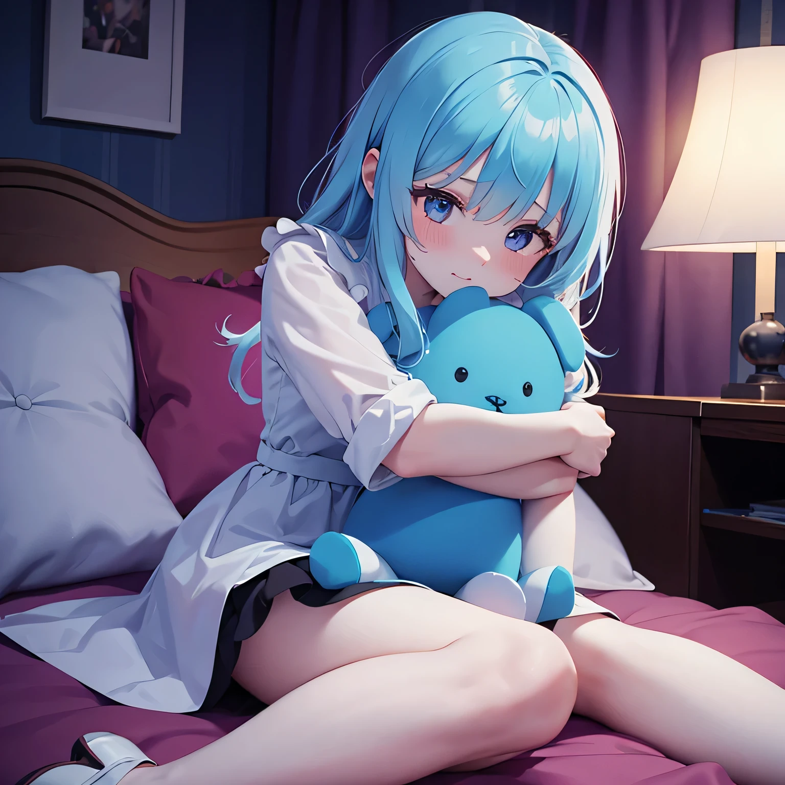 Woman in dress sitting against neon night bedroom background, hugs a stuffed rabbit and cries from loneliness.. sad atmosphere, high detail